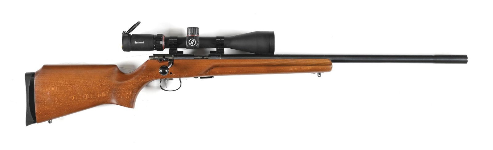 (M) ANSCHUTZ MODEL 64 BOLT ACTION RIFLE: This model was first produced in Germany in 1964. It was a well received magazine fed heavy barrel target rifle. The barrel was made without sights but muzzle area is swelled and factory cut to allow 
