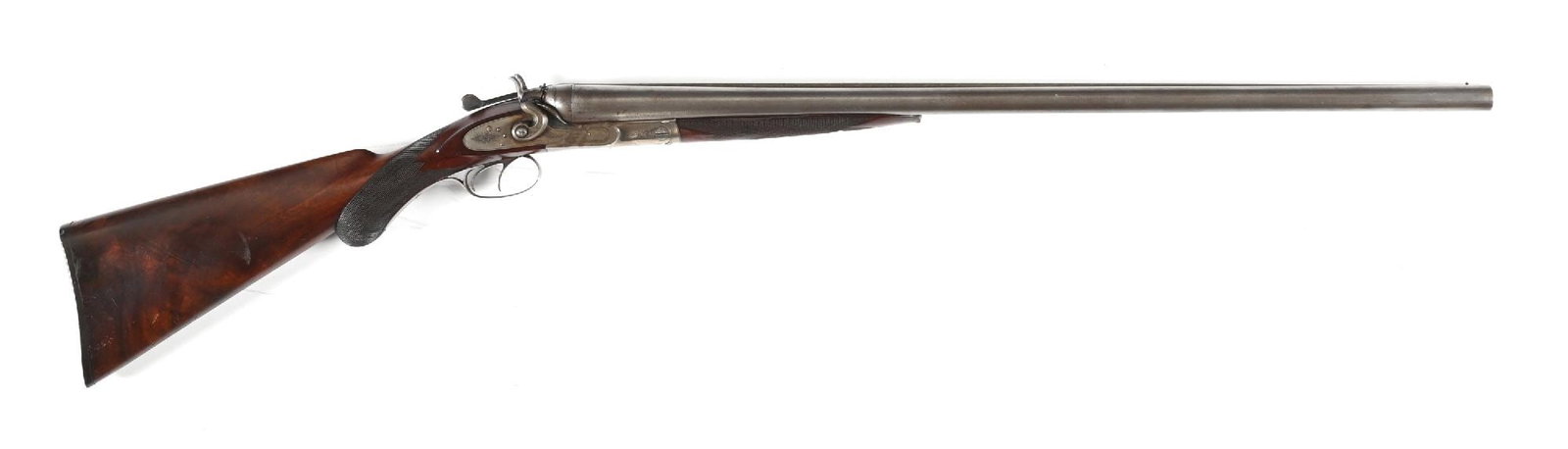 (A) CHARLES DALY RETAILED LINDNER 10 GAUGE SIDE BY SIDE SHOTGUN.: H.A. Lindner of Suhl was renowned for his quality shotguns and became one the Charles Daly's largest supplier. Lindner's signature crossed pistols with crown are stamped on under side of both barrels.