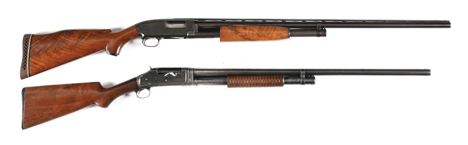 (C) LOT OF 2: WINCHESTER MODEL 12 AND 97 12 GAUGE SLIDE ACTION SHOTGUNS.: B. Model 1897. Dates to 1924. Standard features include blue finish, take down, plain barrel, single bead sight, plain pistol grip walnut stock, black Winchester butt plate and grooved round bottom fo