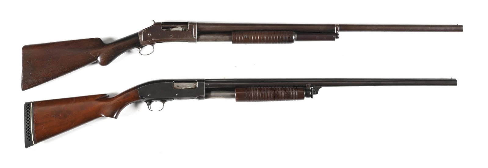 (C) LOT OF 2: WINCHESTER MODEL 1897 12 GAUGE AND A REMINGTON MODEL 31 20 GAUGE SLIDE ACTION: A. Early round knob 1897 dates to 1902. Standard features include blue finish, solid frame, single bead sight, walnut round knob stock with smooth steel butt plate and grooved forearm. CONDITION: Very