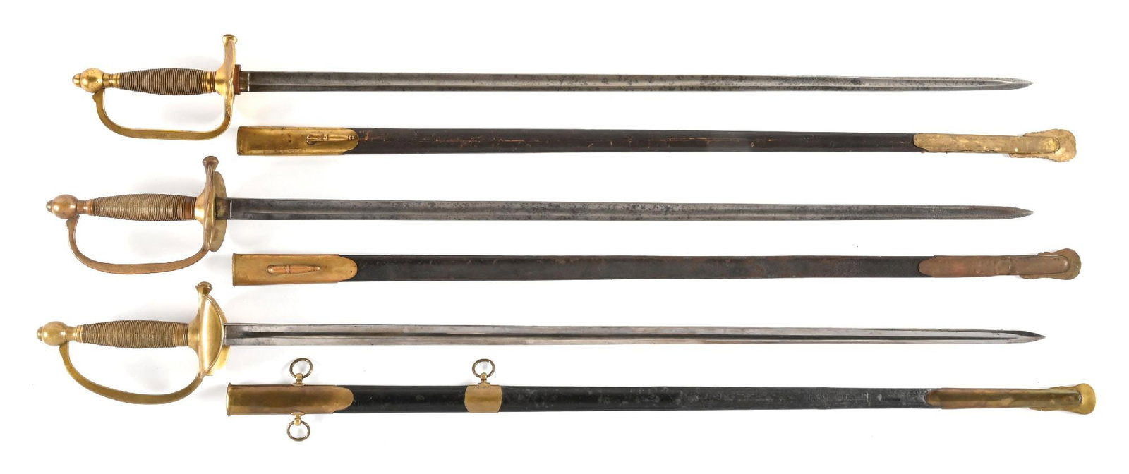 LOT OF 3: US CIVIL WAR NCO SWORDS.: Lot consists of: (A) M1840 NCO sword marked "EMERSON / & / SILVER / TENTON / N.J." on obverse ricasso and "U.S. / D.F.M. / 1863" on reverse ricasso. Straight blade with gray patina. Brass hilt exhibit
