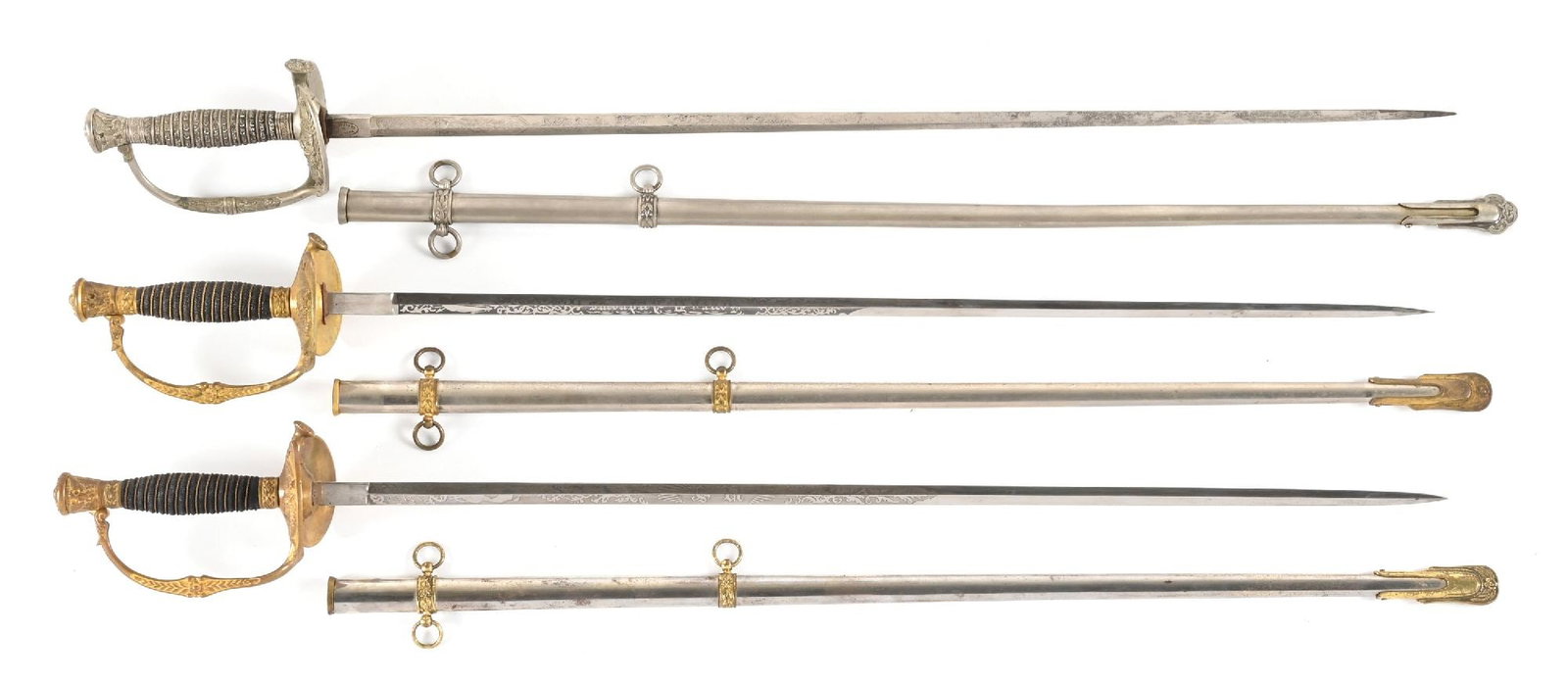 LOT OF 3: US M1872 STAFF AND FIELD OFFICER'S SWORD.: Lot consists of: (A) Blade decorated for half its length with engraved foliate and patriotic motifs. Ricasso marked "RIDABOCK & Co. / NEW YORK" on obverse and "MADE IN FRANCE" on reverse. Blade shows 