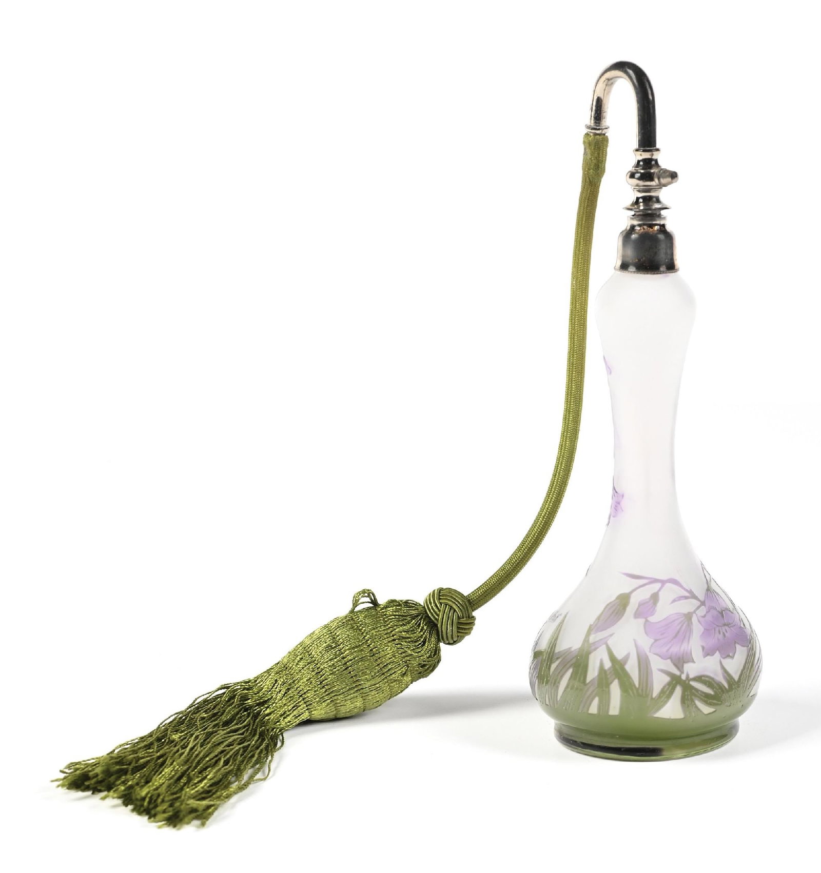 CAMEO GLASS FLORAL PERFUME WITH ATOMIZER: C. 1920s. A charming French cameo glass perfume atomizer stamped on the collar with a running fox emblem. The perfume features silver-toned metal hardware. The glass perfume is signed toward the botto