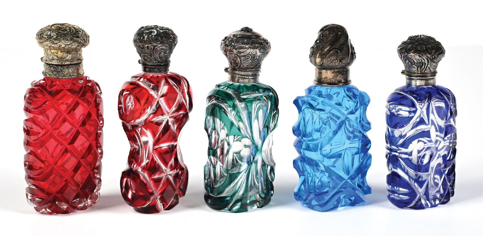 LOT OF 5: BOHEMIAN OVERLAY GLASS PERFUME BOTTLES (1 of 5)
