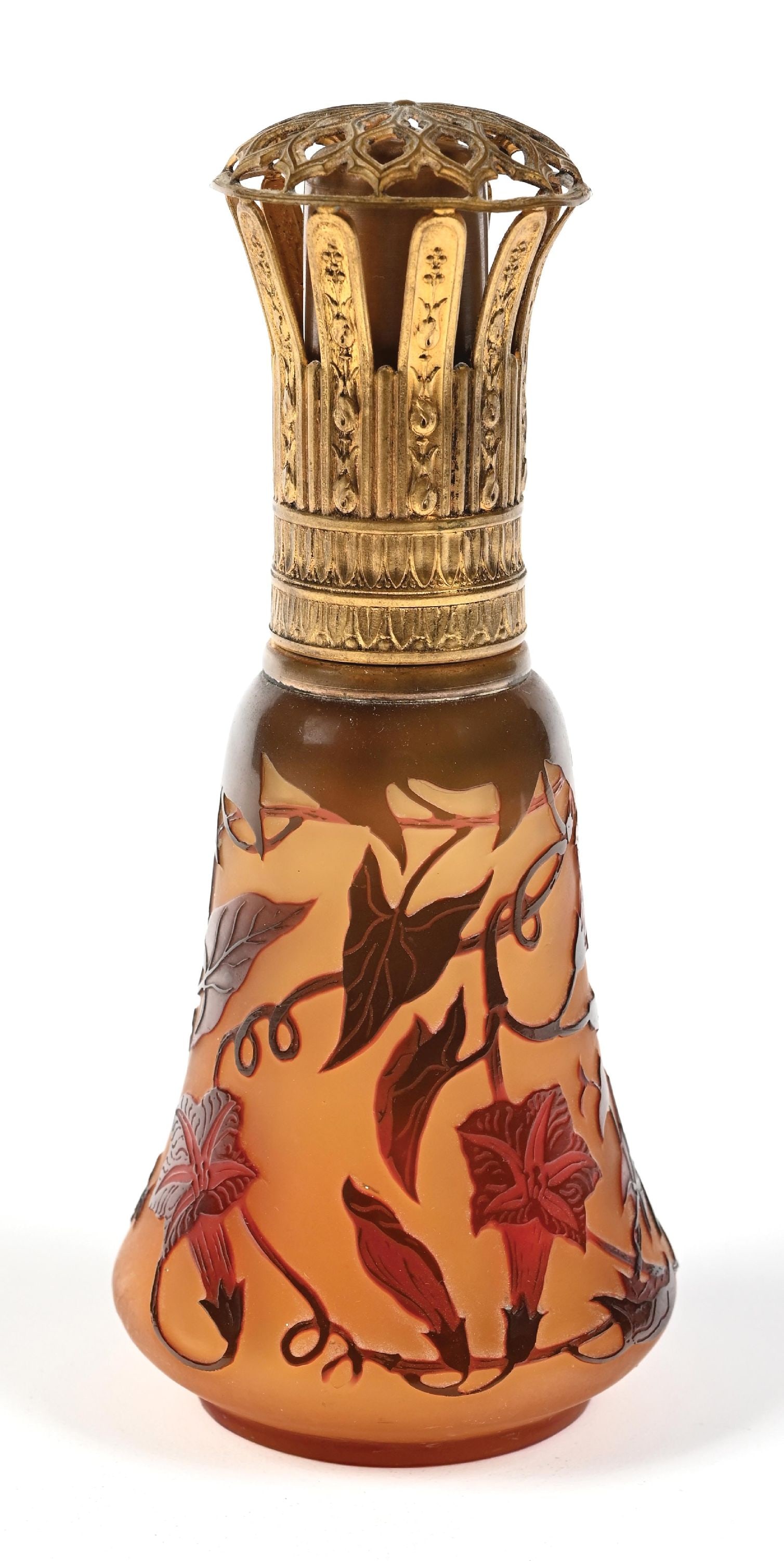 D'ARGENTAL CAMEO GLASS PERFUME BURNER AMBER WITH RED FLORAL OVERLAY BODY PERFUME: C. 1920s. A charming French Art Nouveau d'Argental cameo glass perfume burner featuring acid-etched cameo glass in butterscotch, decorated with brown ivy foliage. The piece is signed d'Argental on the