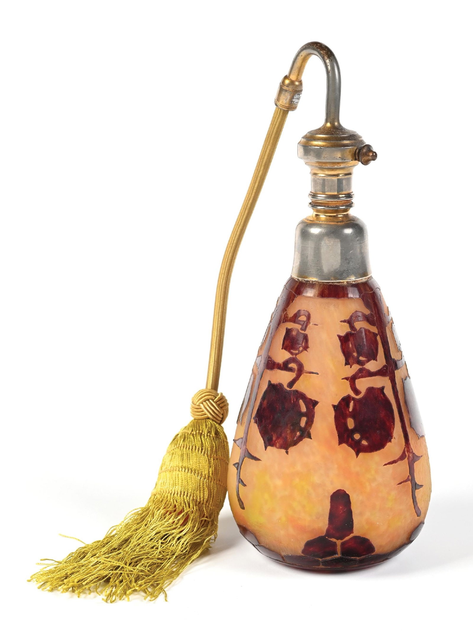 CAMEO GLASS PERFUME WITH AMBER FLECKED BODY & TORTOISE SHELL COLORED OVERLAY & ATOMIZER (1 of 5)