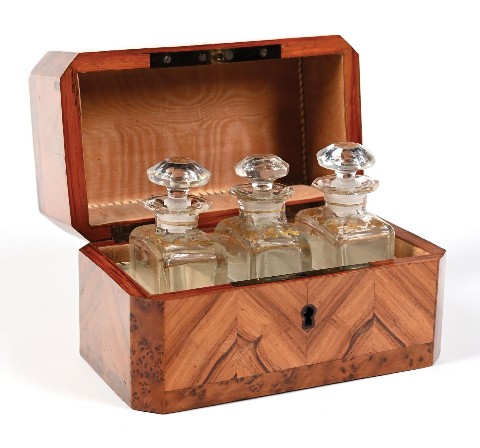 FRENCH WOODEN PERFUME CASKET FEAUTRING THREE CUT GLASS BOTTLES (1 of 5)