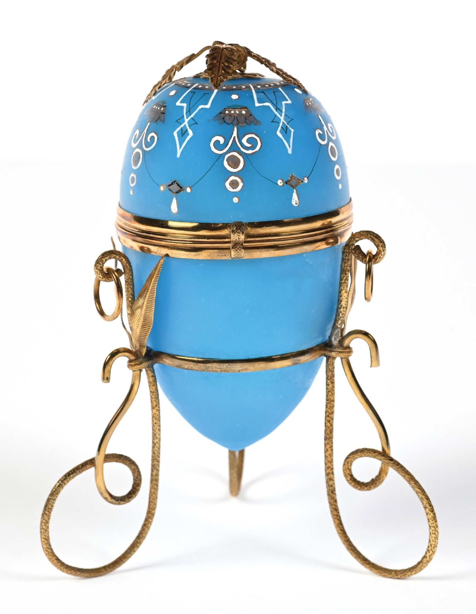 PALAIS ROYAL BLUE OPALINE GLASS EGG PERFUME CASKET ON STAND (1 of 5)