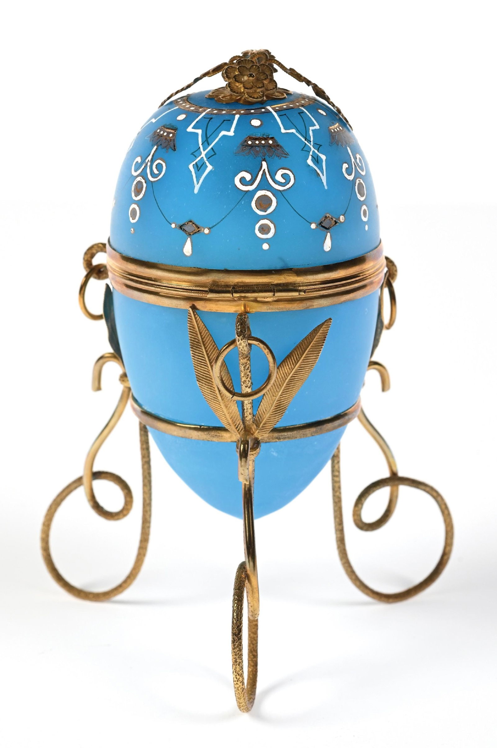 PALAIS ROYAL BLUE OPALINE GLASS EGG PERFUME CASKET ON STAND - 3