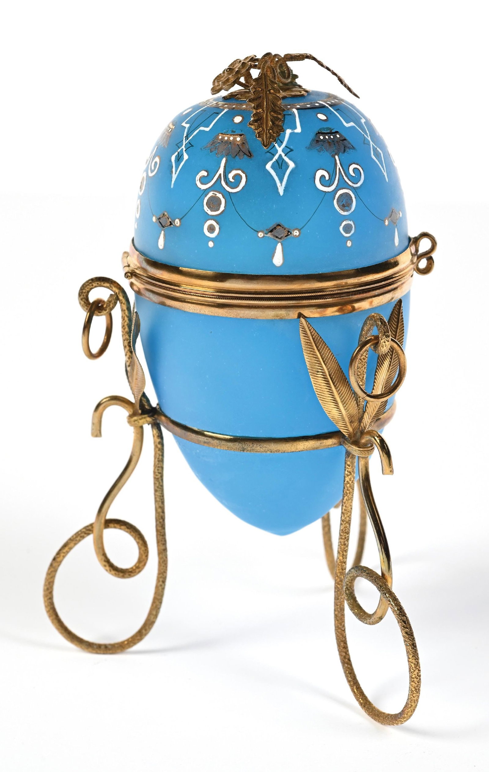 PALAIS ROYAL BLUE OPALINE GLASS EGG PERFUME CASKET ON STAND - 4