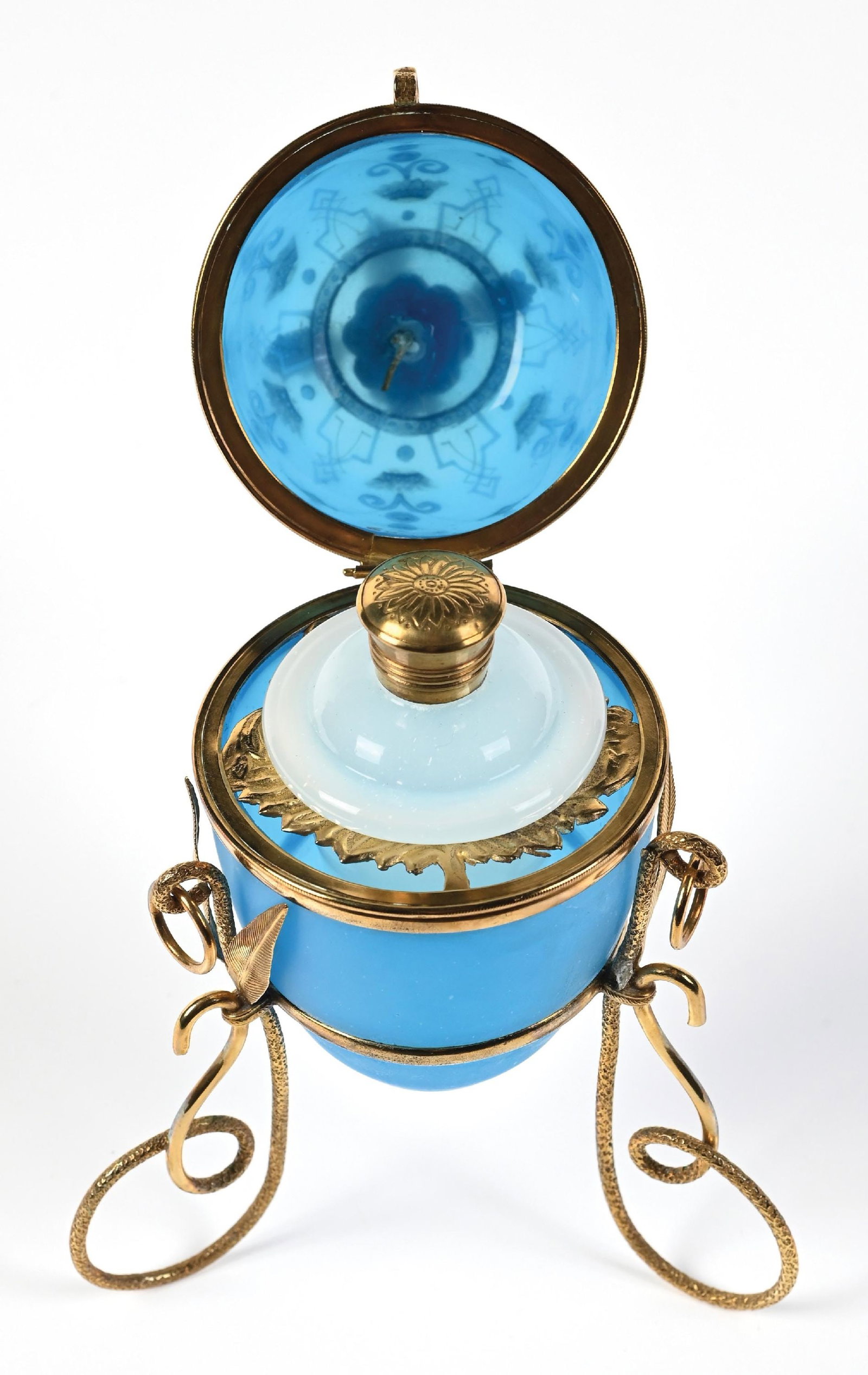 PALAIS ROYAL BLUE OPALINE GLASS EGG PERFUME CASKET ON STAND - 5