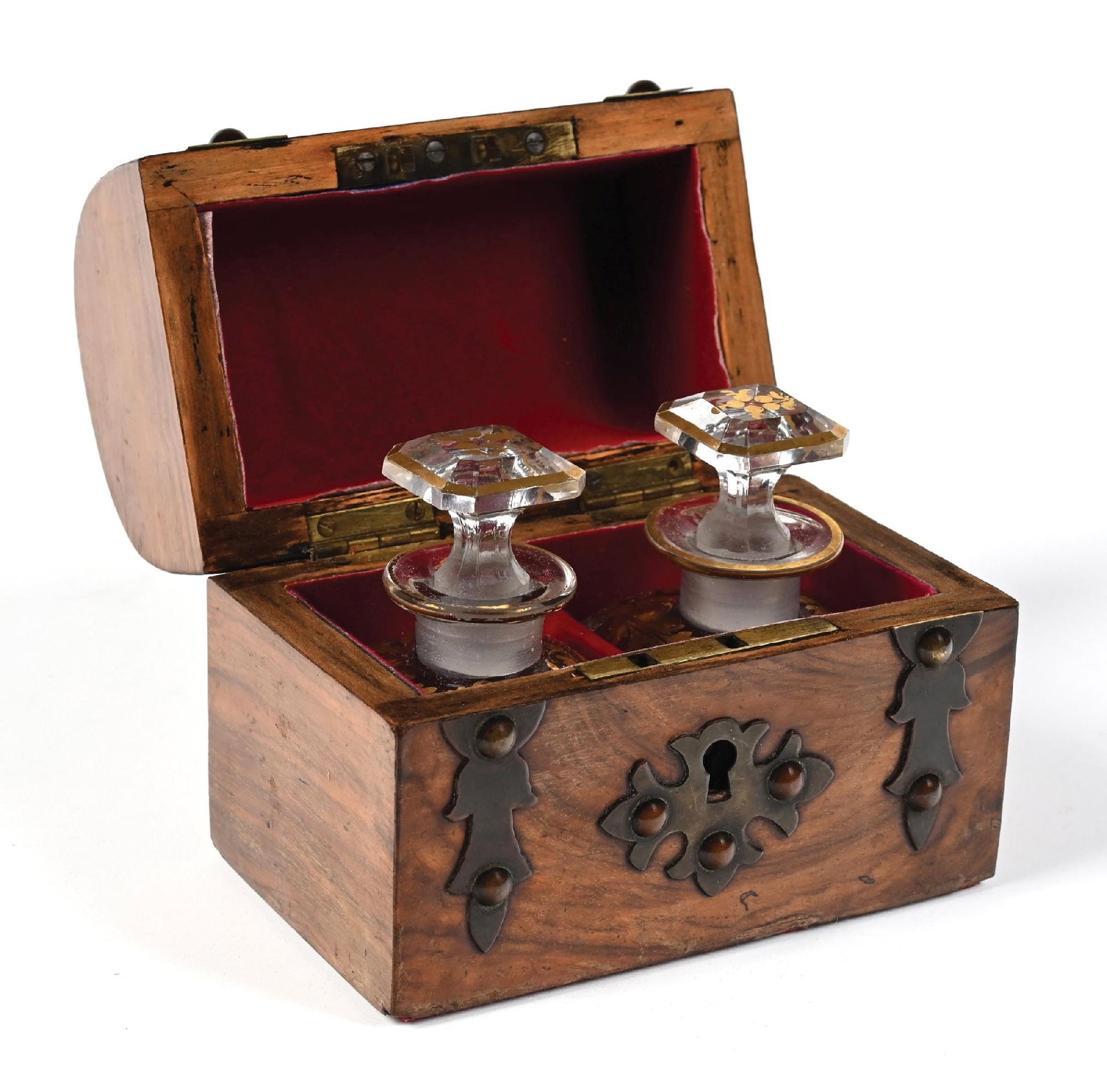 WOODEN PERFUME CASKET WITH TWO SCENT BOTTLES (1 of 6)