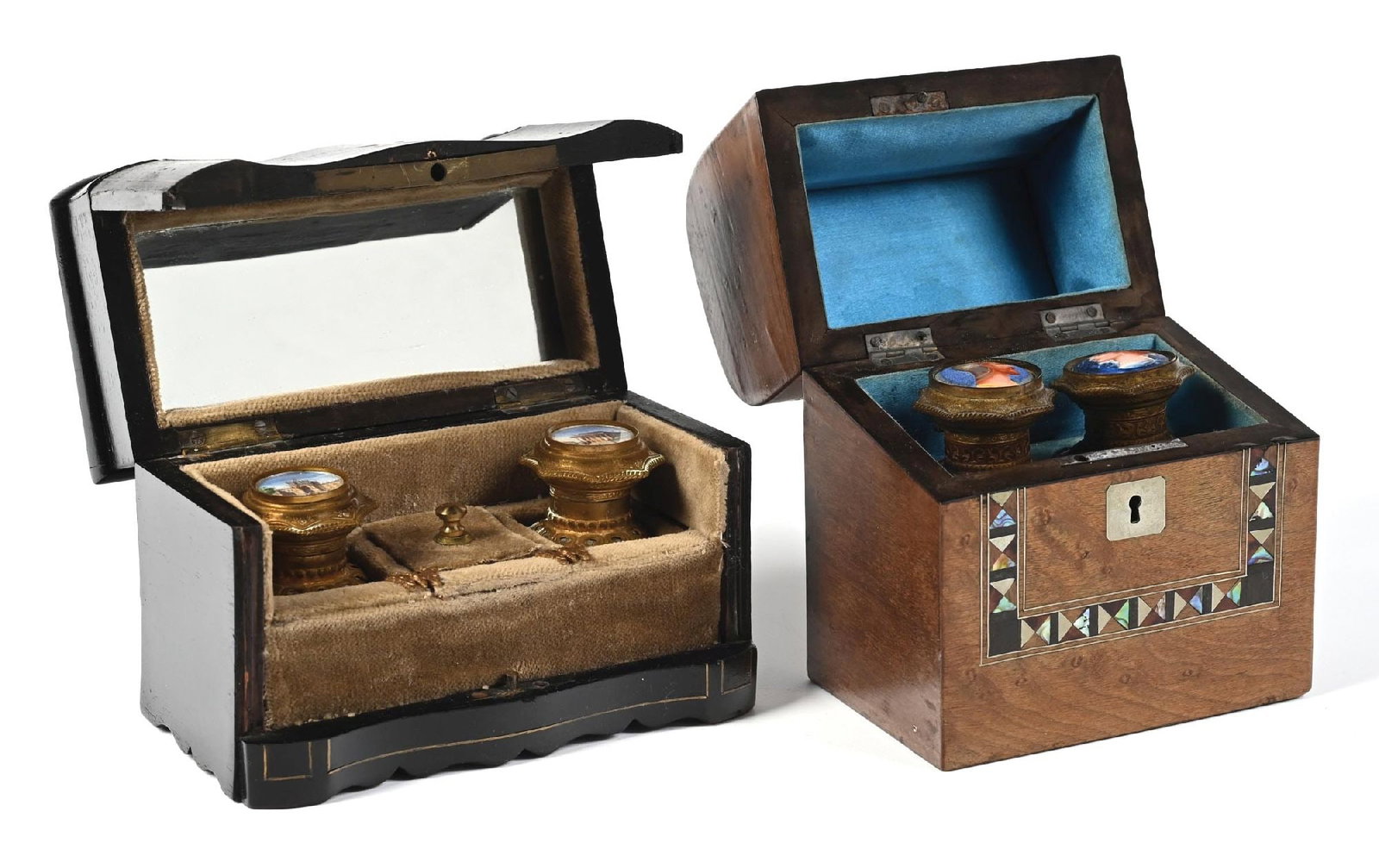 LOT OF 2: WOODEN PERFUME CASKETS: C. 1800s. (A) A spectacular wooden perfume casket featuring geometric metal and mother-of-pearl geometric triangles and patterns decorating and accenting the wooden casket. On the top of the dome-topp