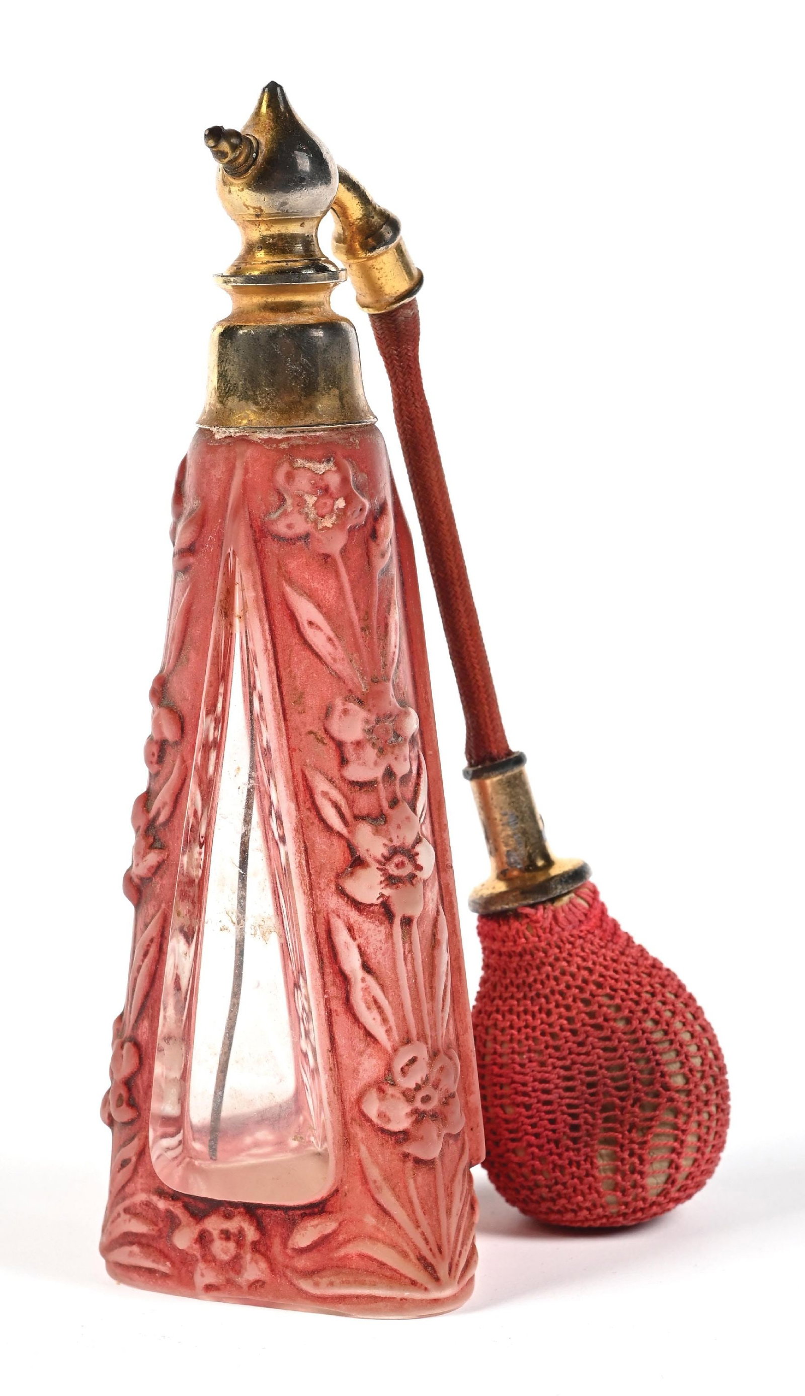 VIARD CRANBERRY GLASS PERFUME ATOMIZER: C. 1900s. A lovely molded, clear Viard perfume cut in a triangular shape with faceted triangular clear windows, the floral panels have a frosted red/pink paint. Overall is in overall stunning conditio