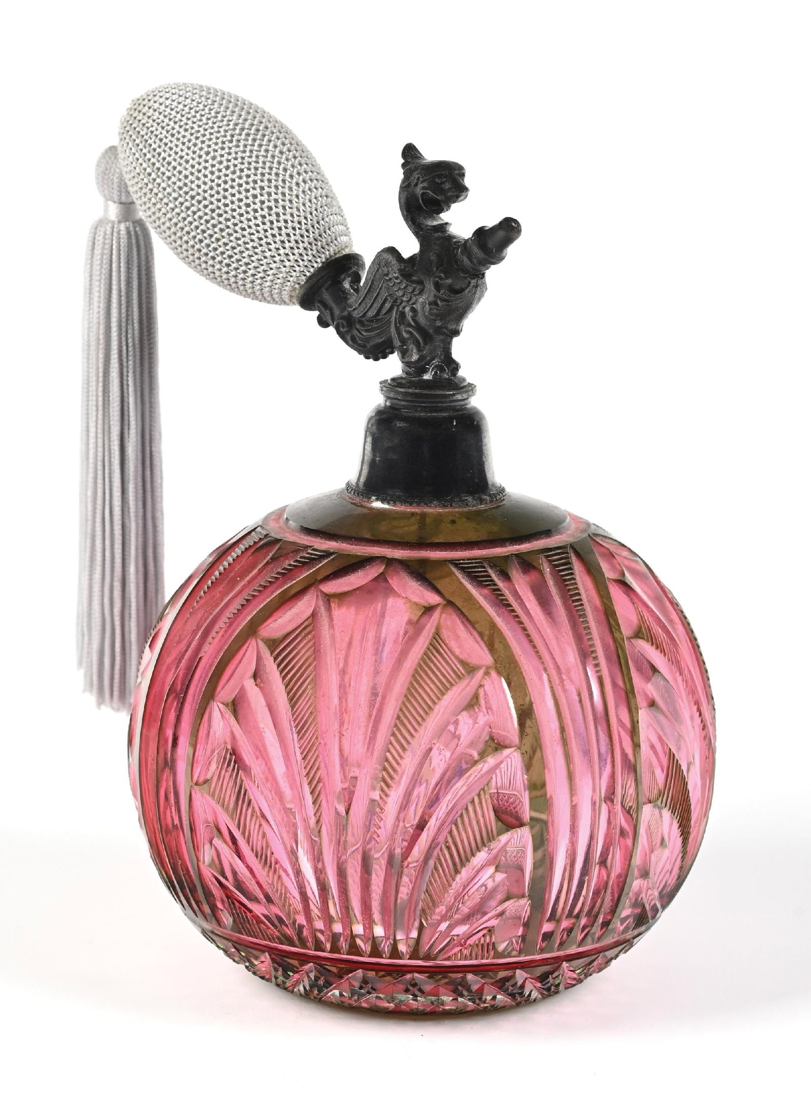 C.E. METZGER CRANBERRY CUT-TO-CLEAR GLASS PERFUME ATOMIZER WITH DRAGON TOP (1 of 5)