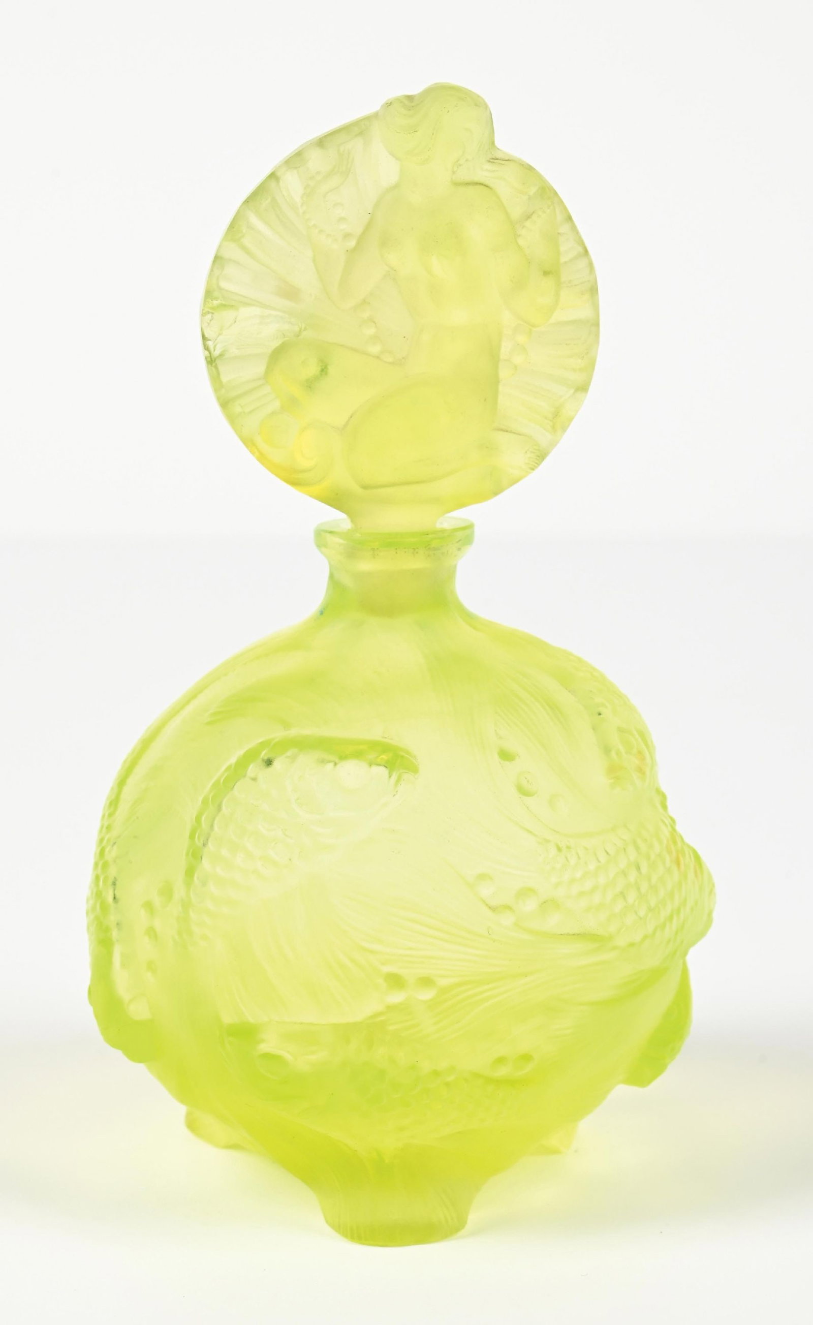 RARE INGRID URIANIUM GLASS ART DECO PERFUME WITH FIGURAL AND FISH PATTERNS (1 of 5)