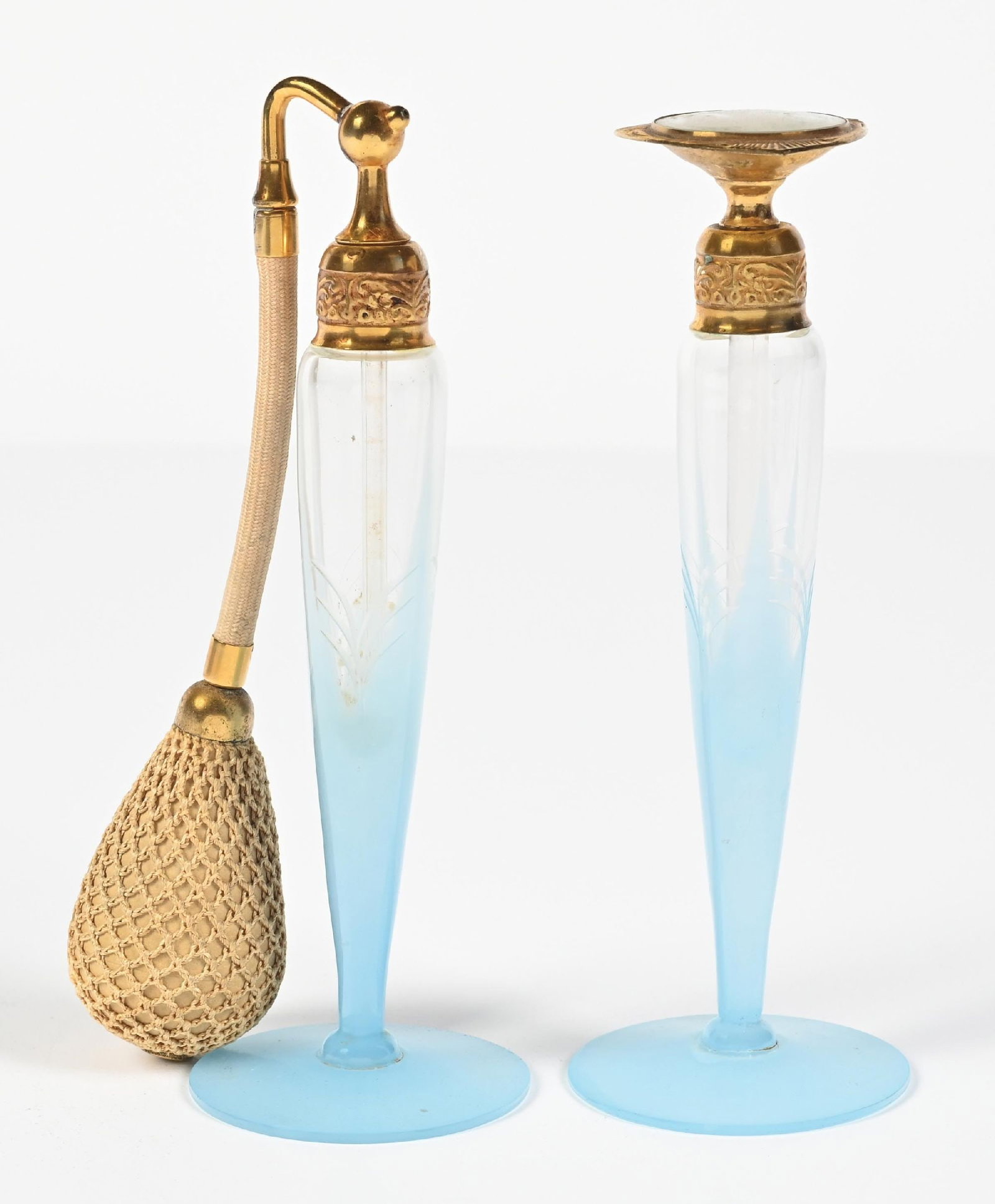 LOT OF 2: DEVILBISS PERFUME ATOMIZER & DAUBER SET: C. 1920s-1930s. A set consisting of a signed DeVilbiss Art Deco satin blue perfume and dauber. The bottles feature a tall, tapered form with a flared base, a frosted blue finish that fades to clear gl