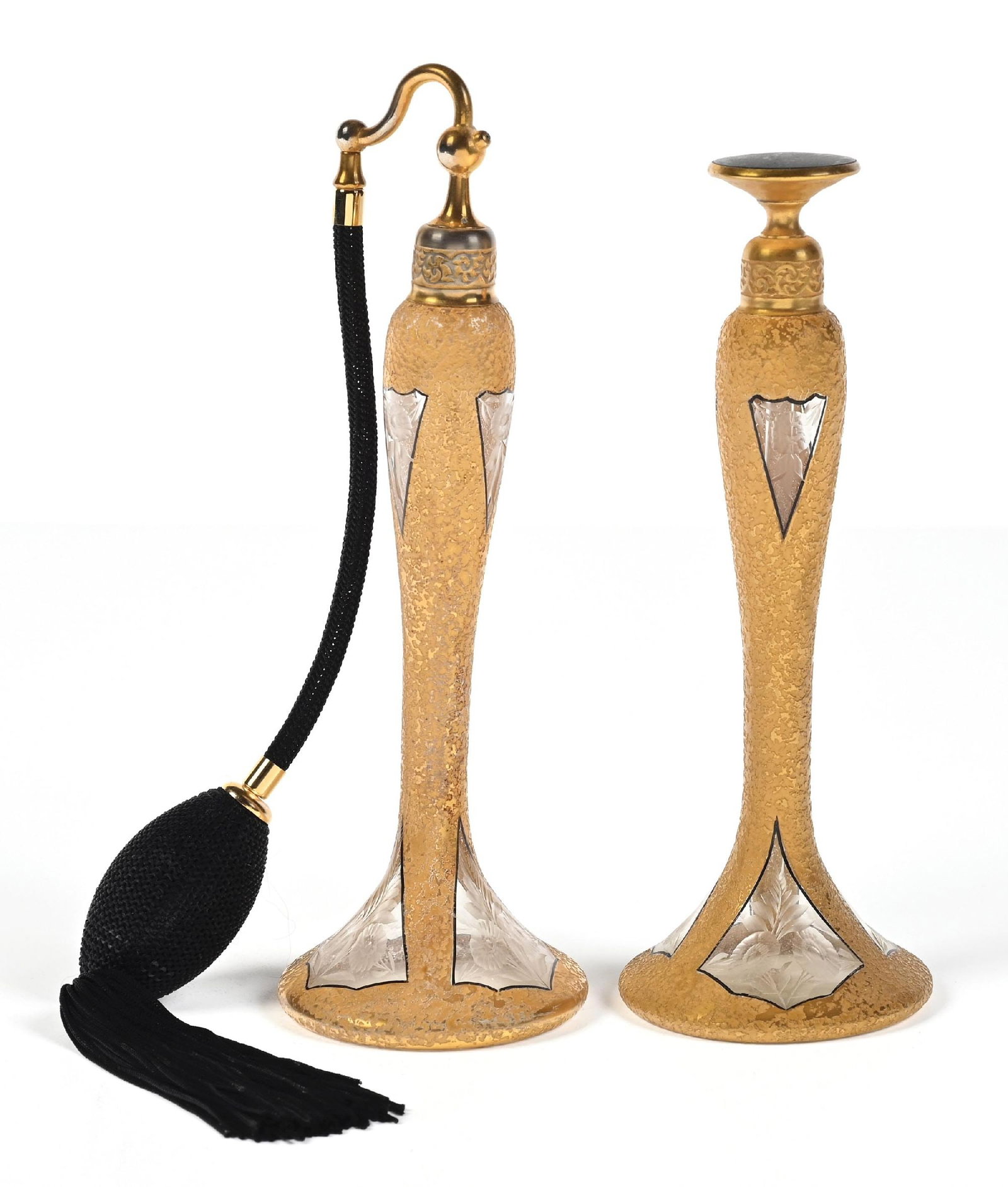 LOT OF 2: ART DECO DEVILBISS PERFUME ATOMIZER & DAUBER SET: C. 1920s. A pair of spectacular, signed Art Deco DeVilbiss perfume atomizer and dip-tube bottles. The elegant perfumes feature glass bodies with textured gilt "ice -chip" patterns with a gold finish. 