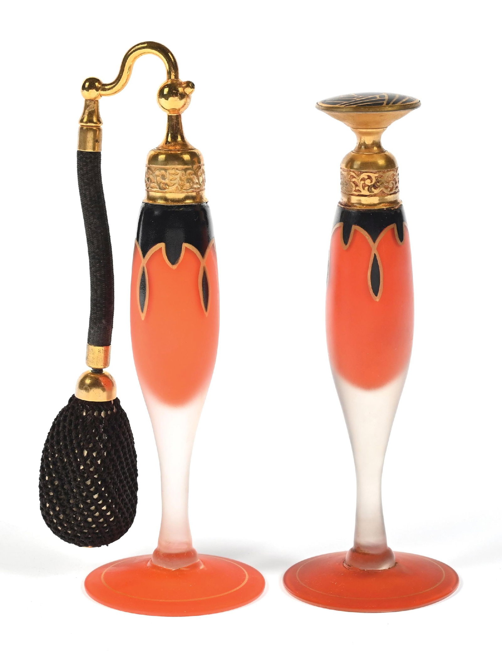 LOT OF 2: DEVILBISS ART DECO FROSTED GLASS PERFUMES, 1 PUMP & 1 ATOMIZER (1 of 5)