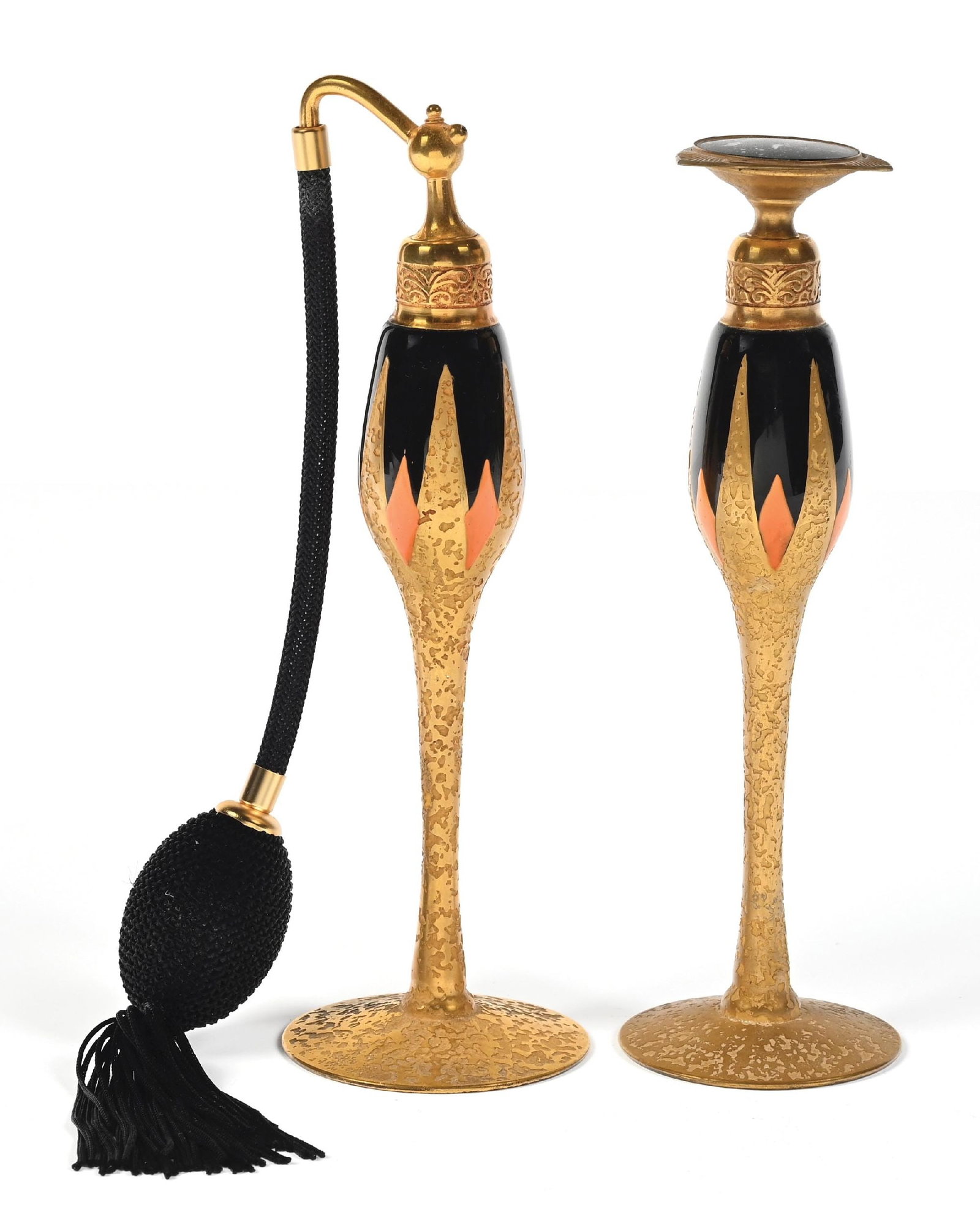 LOT OF 2: DEVILBISS GOLD, BLACK, AND ORANGE ART DECO PERFUMES WITH ATOMIZER & DAUBER (1 of 5)
