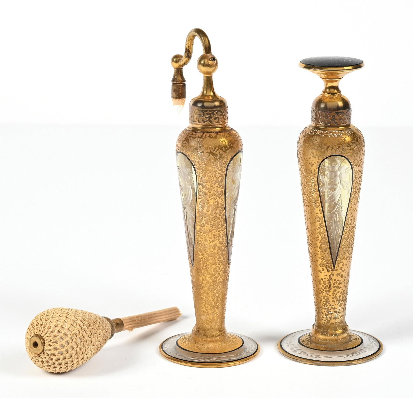 LOT OF 2: DEVILBISS GOLD & BLACK PERFUMES WITH TEARDROP WINDOWS AND ETCHED PATTERNS (1 of 5)