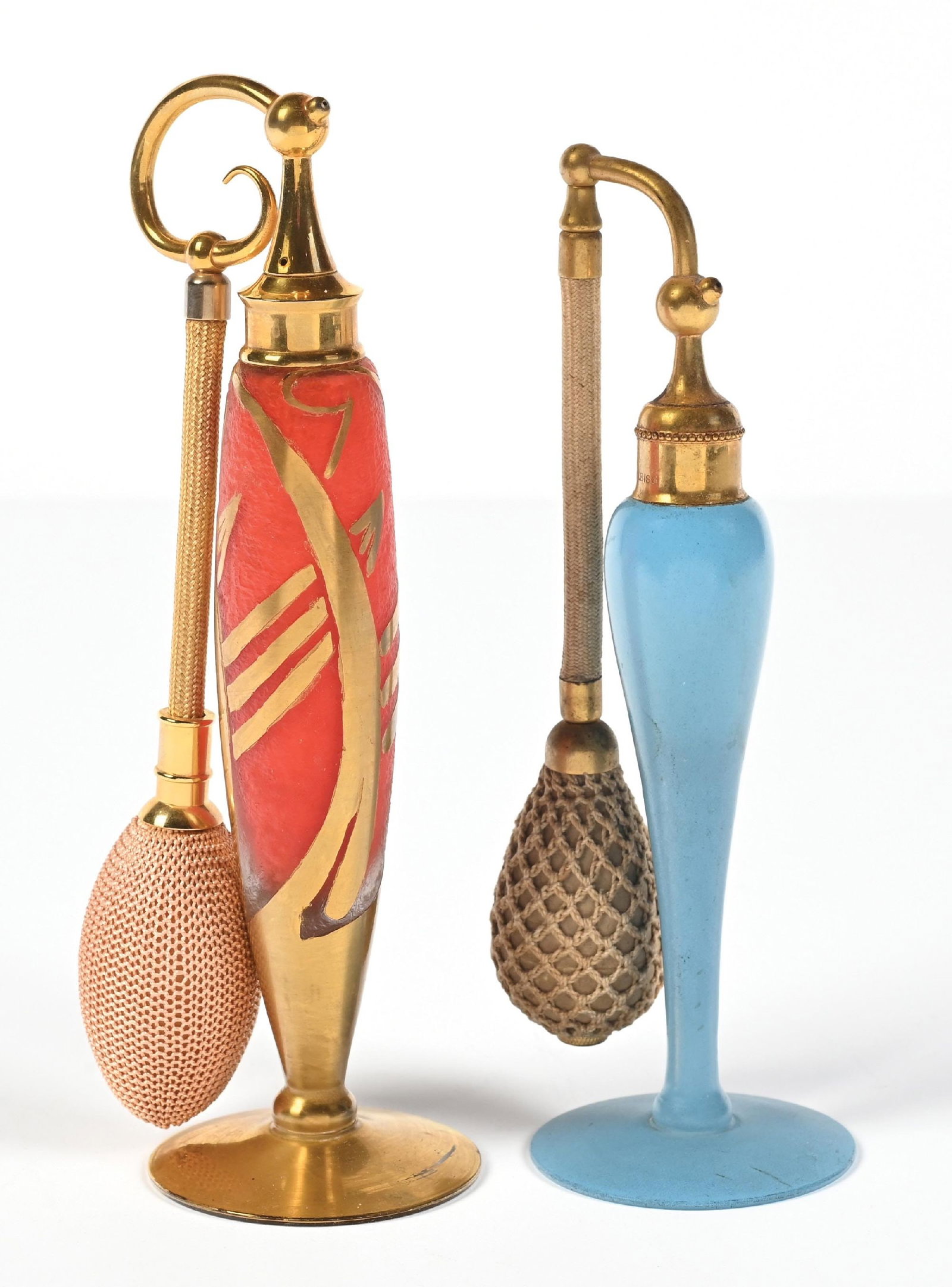 LOT OF 2: DEVILBISS ORANGE ART DECO & SATIN BLUE PERFUME ATOMIZERS (1 of 5)