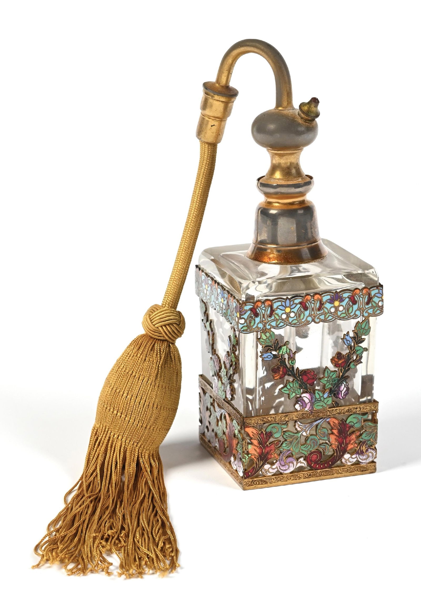 SAX KAY PARIS ENAMEL CHAMPLEVÉ FLORAL GLASS PERFUME BOTTLE (1 of 5)