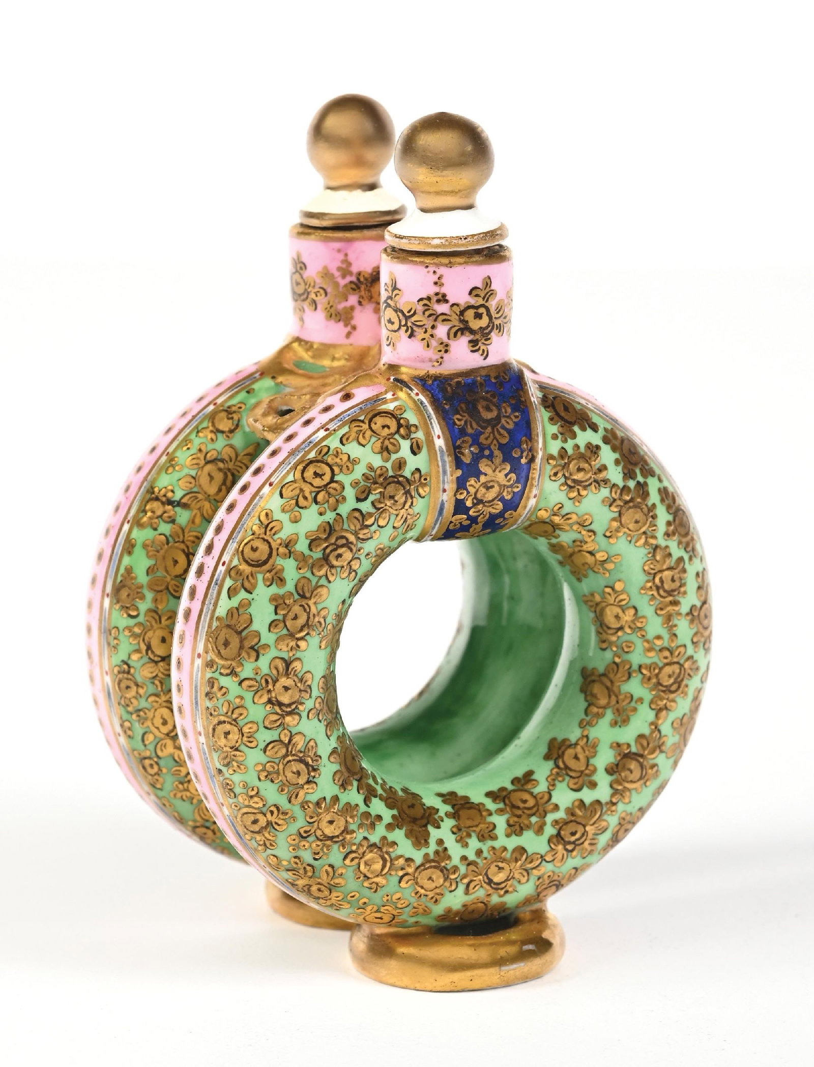 VINTAGE COALPORT CIRCULAR ENAMELED PERFUME BOTTLE: C. 1800s. A fantastic Coalport double ring porcelain scent bottle featuring pink, green, and blue panels decorated with gilt-gold tone painted floral motifs. The bottle and stopper are both in great c