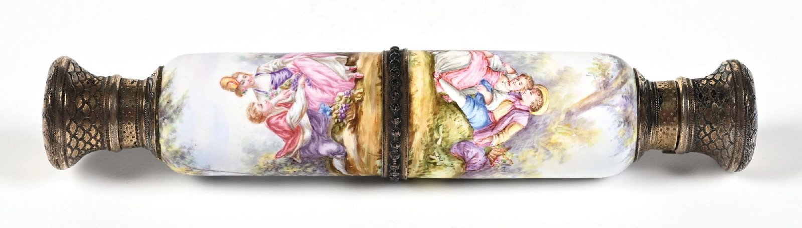 FRENCH ENAMEL SCENIC PERFUME BOTTLE: C. 1800s. A fantastic French Rococo porcelain double-ended scent bottle with ornate, likely silver-plated hinged caps decorated with scales. In very great condition, minus the one missing stopper. 1"