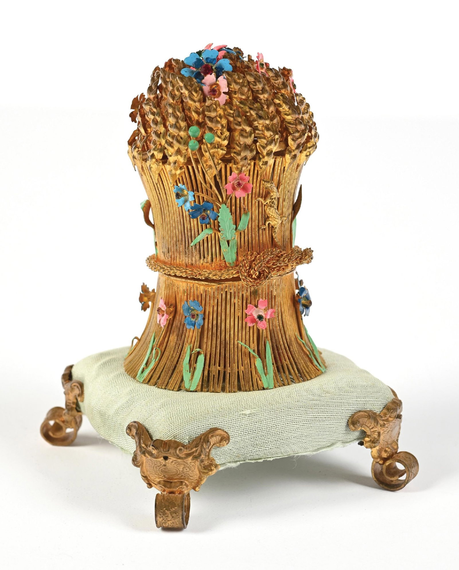 FRENCH PALAIS ROYAL FLORAL BEEHIVE PERFUME CASE: C. 1800s. A wonderful French Palais Royal white opaline glass perfume bottle set, housed within a brass beehive vanity set depicting sheaves of wheat with flowers, ladybugs, and lizards. The bottle is