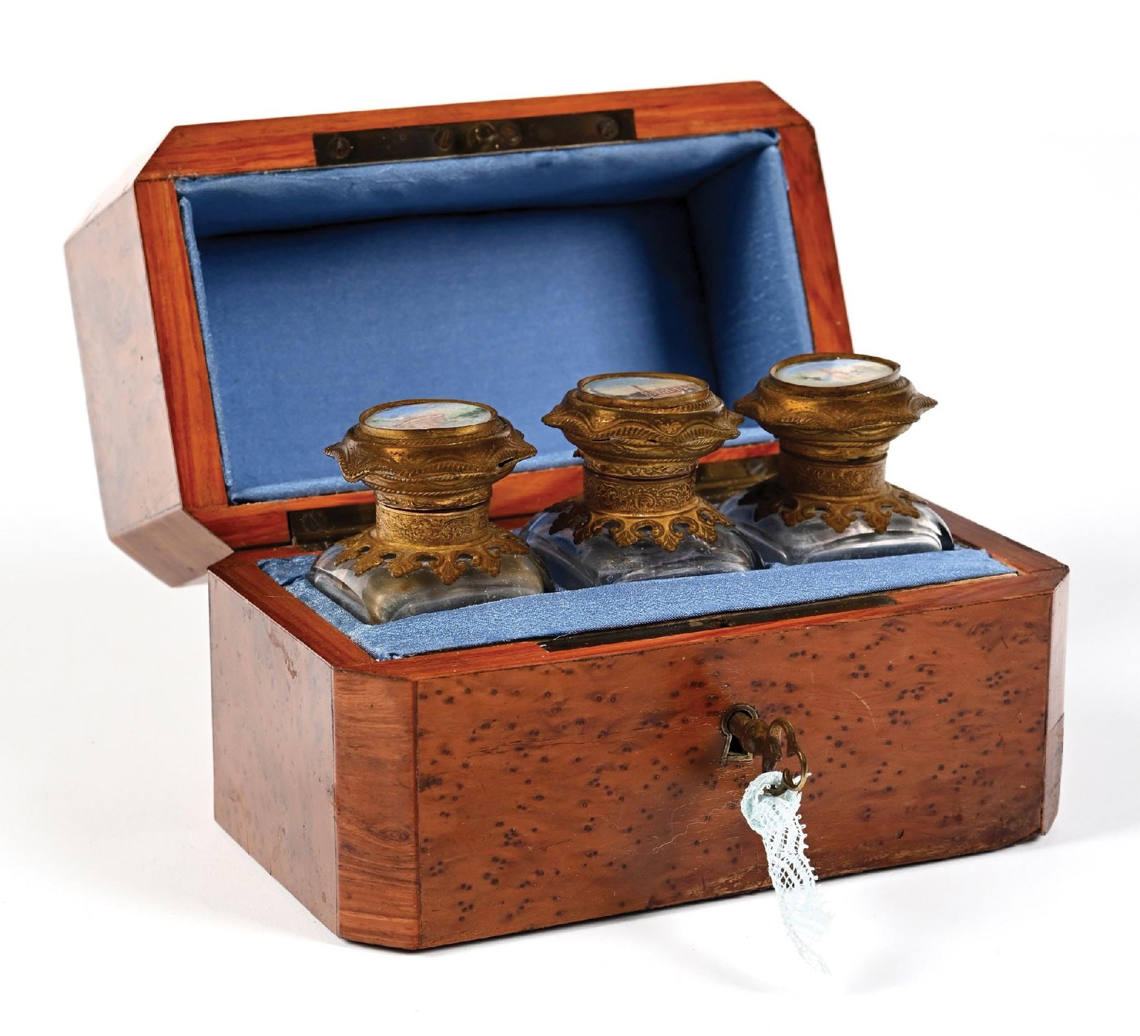 FRENCH PERFUME CASKET FEATURING THREE GLASS BOTTLES (1 of 5)