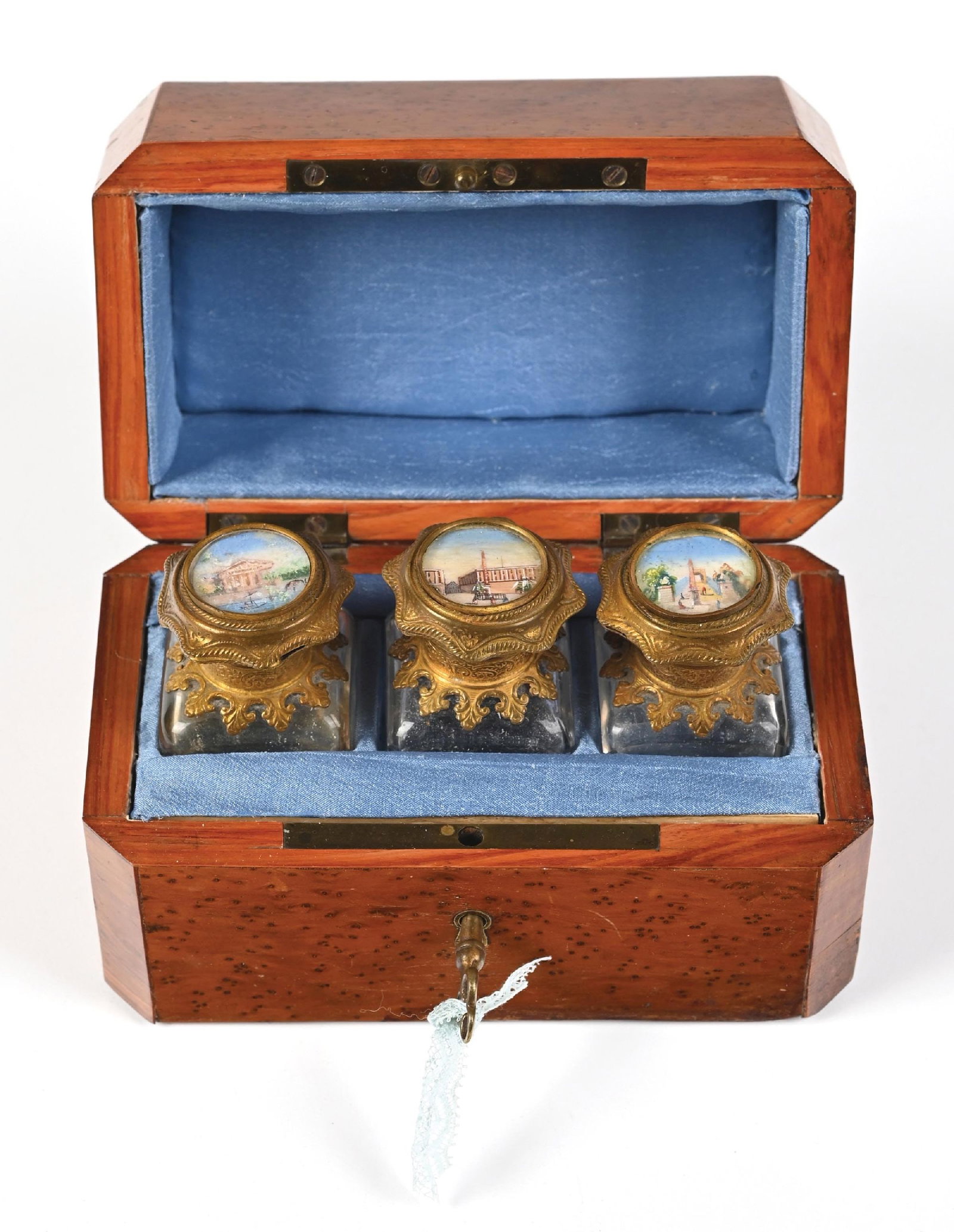 FRENCH PERFUME CASKET FEATURING THREE GLASS BOTTLES - 2