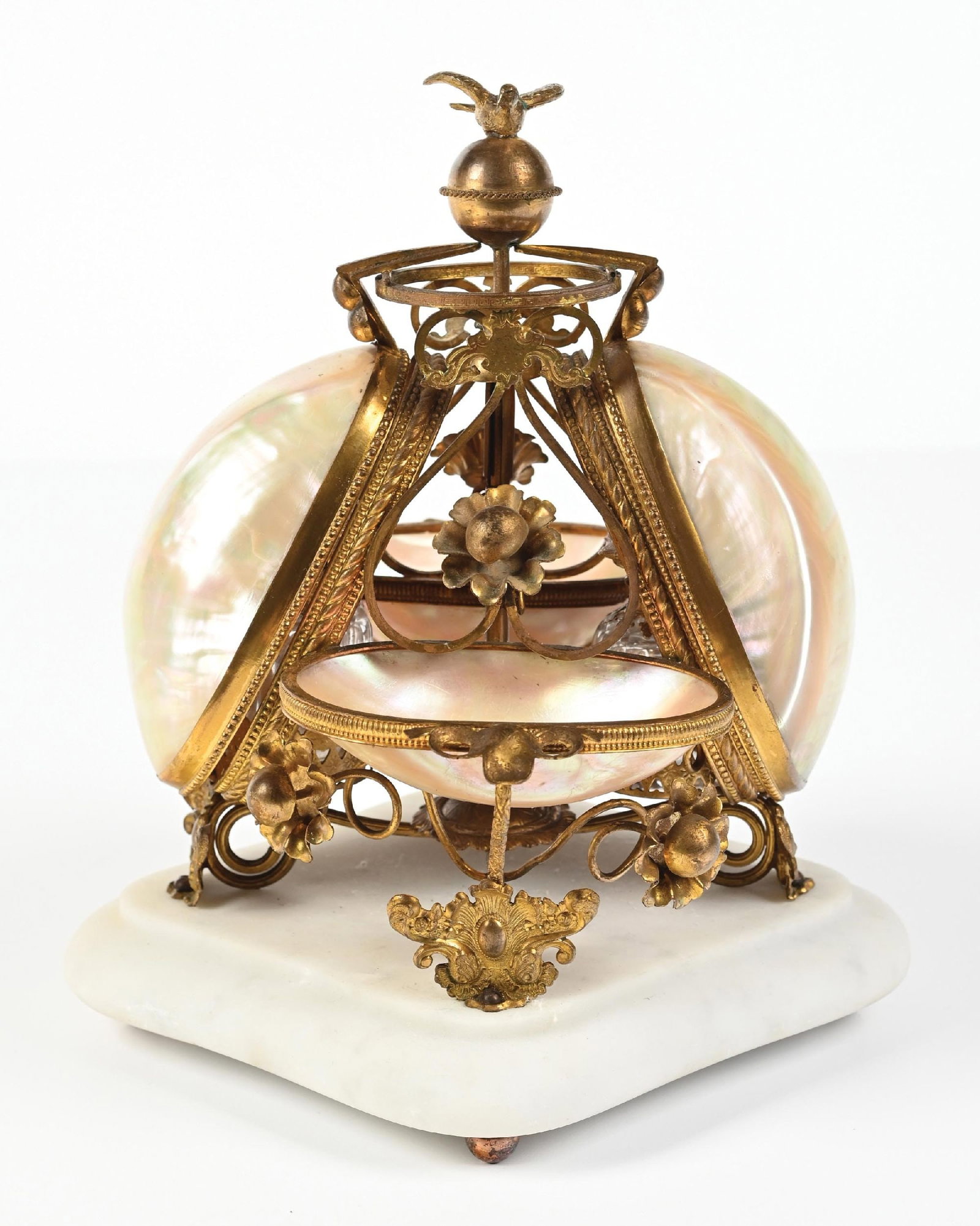 FRENCH PALAIS ROYAL MECHANICAL PERFUME CADDY WITH MOTHER-OF-PEARL SHELLS (1 of 6)