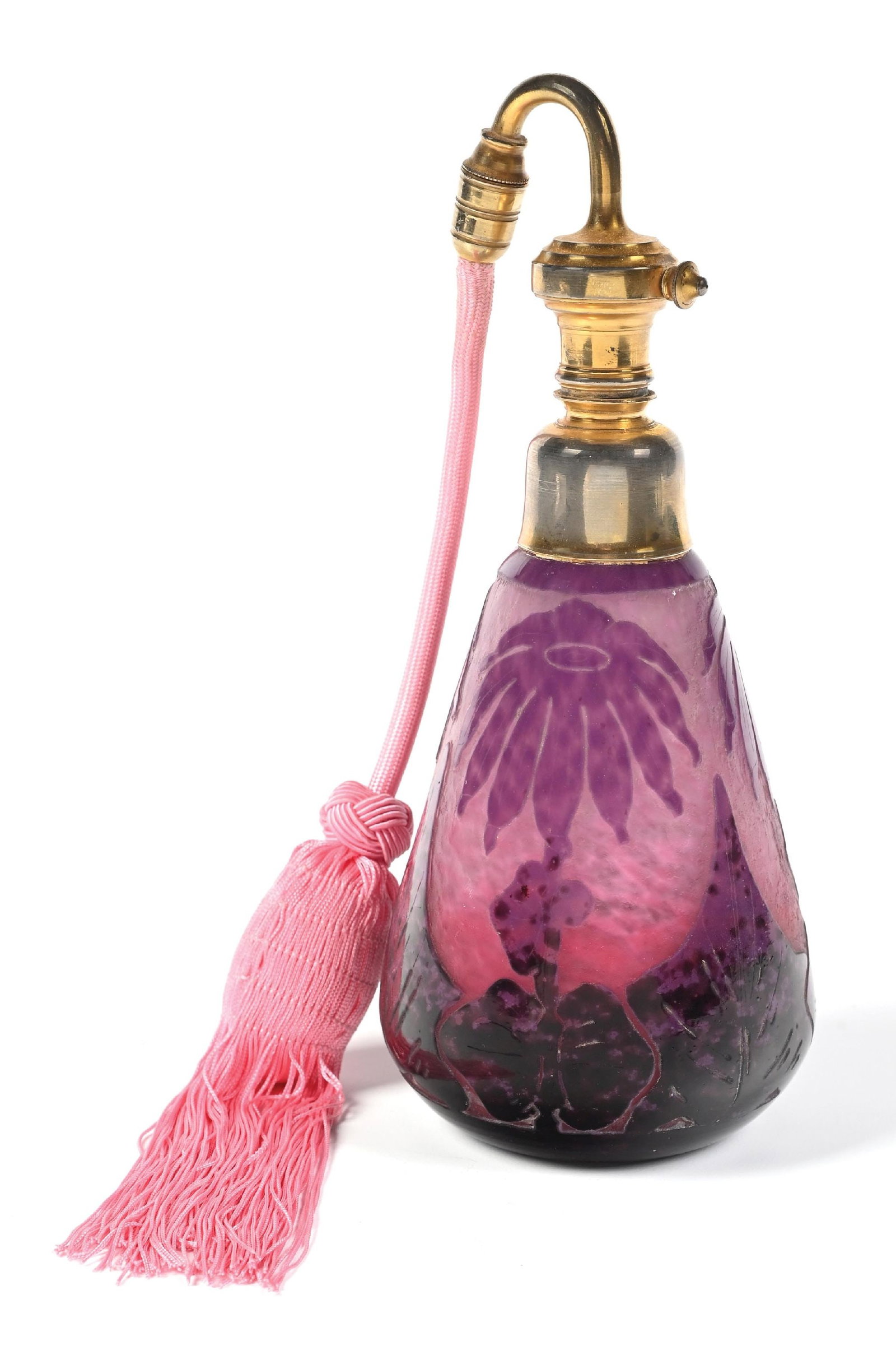 LE VERRE FRENCH PINK& PURPLE CAMEO GLASS PERFUME WITH FLORAL PATTERN & ATOMIZER: 4-1/4" x 9". C. 1900s. A wonderful signed French Le Verre cameo glass perfume atomizer. The slightly frosted pink body is overlayed with bold purple floral designs with unique etchings around the base