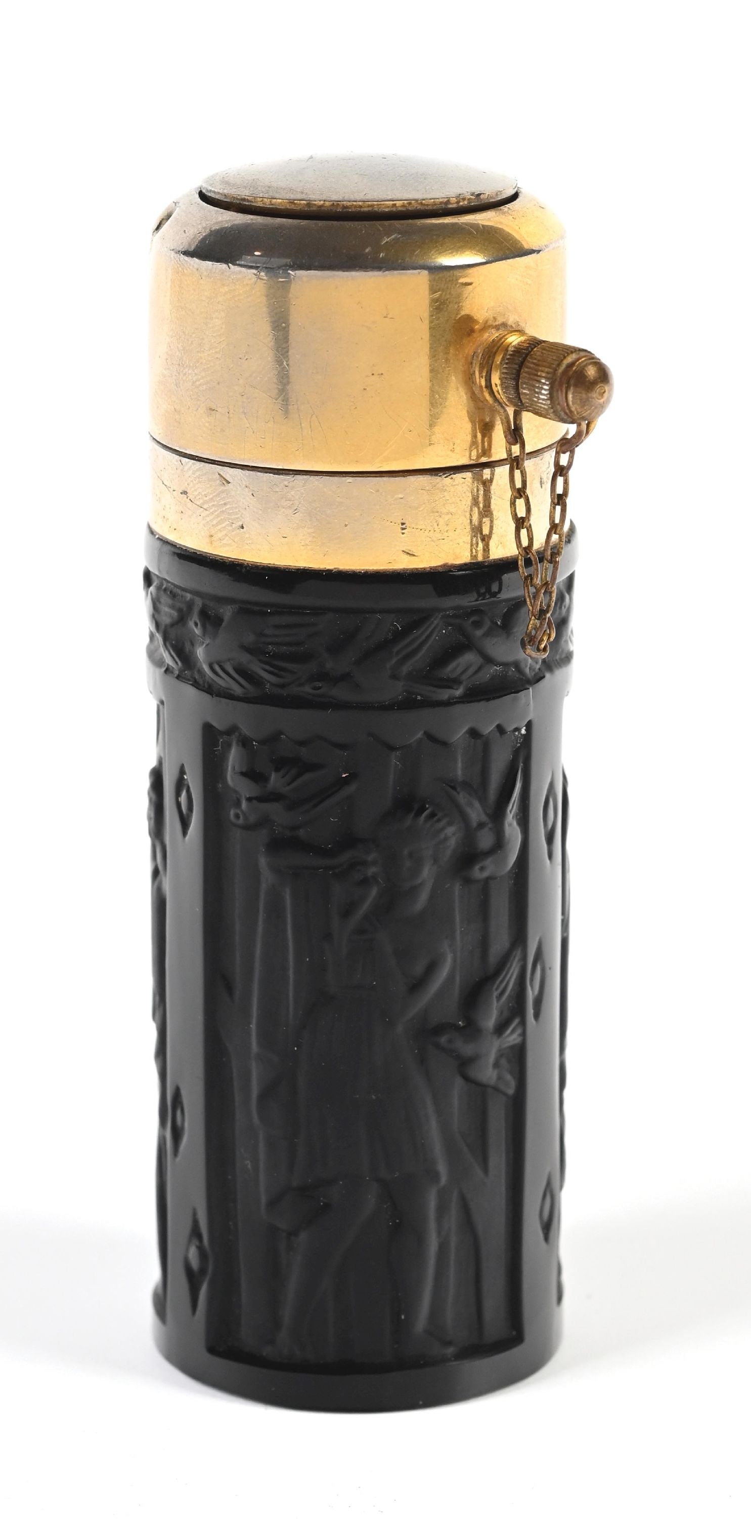 BURGEN SCHREVER FRENCH ONYX PERFUME ATOMIZER: C.1920–1935. French molded black glass perfume bottle or atomizer attributed to Burgun, Schverer & Co., of cylindrical form, decorated in continuous relief with classical figural scenes. Fitted