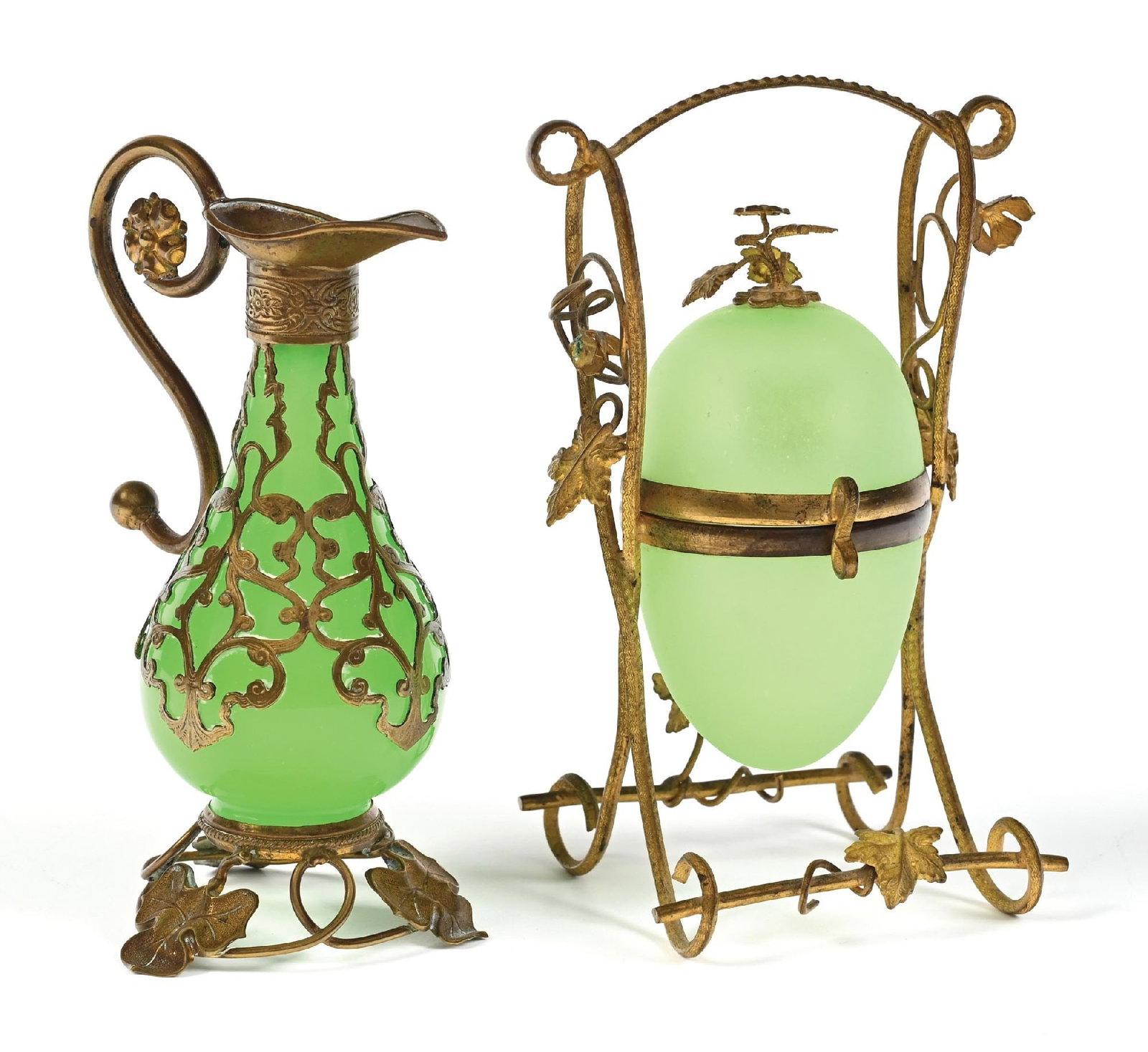 LOT OF 2: FRENCH PALAIS ROYAL OPALINE GLASS PERFUME BOTTLE & EGG PERFUME CASKET: C. 1800s-1900s. (A) A wonderful uranium French Palais Royal opaline glass-egg-shaped perfume casket. The perfume features a uranium-glass gilt-leaf stand adorned with flowers and leaves. All in