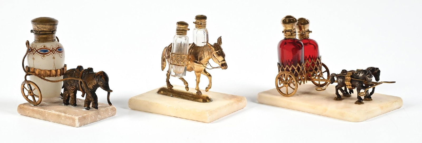 LOT OF 3: FRENCH PALAIS DONKEY, ELEPHANT, HORSE PERFUME WAGONS INCLUDING BOTTLES (1 of 4)