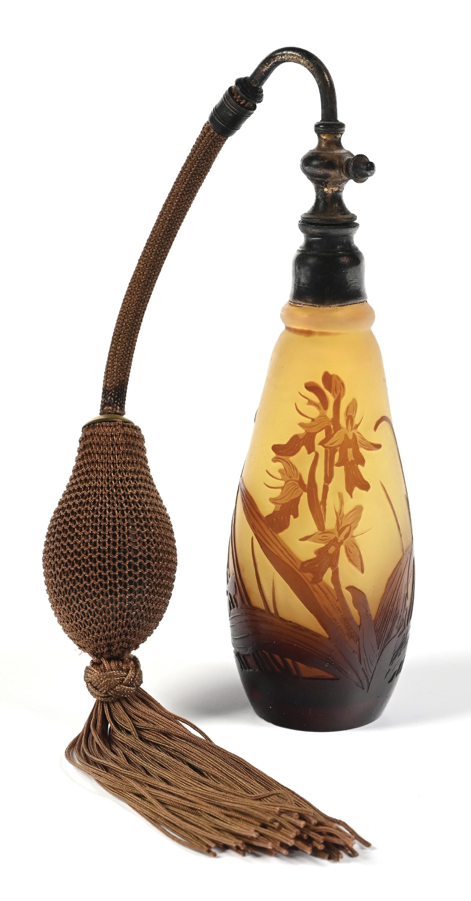 ÉMILE GALLÉ AMBER PERFUME WITH BROWN FLORAL OVERLAY WITH ATOMIZER: C. 1900. A spectacular signed Émile Gallé French Cameo glass perfume atomizer which features a frosted light yellow-cream body with a beautiful brown floral cameo overlay. The atomizer has p