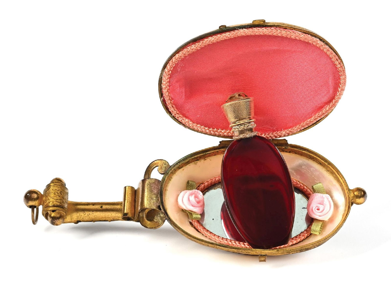 MOTHER OF PEARL LUTE PERFUME BOTTLE HOLDER WITH PERFUME: C. 1880s. A spectacular French Palais Royal perfume caddy in the shape of a mandolin/lute, featuring two large mother-of-pearl shells hinged together to form the body of the instrument. The perfume is
