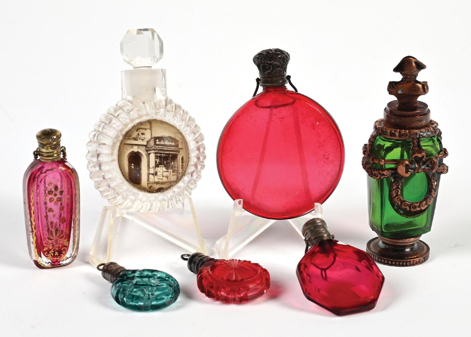 LARGE LOT OF GREEN & RED GLASS PERFUME BOTTLES (1 of 2)