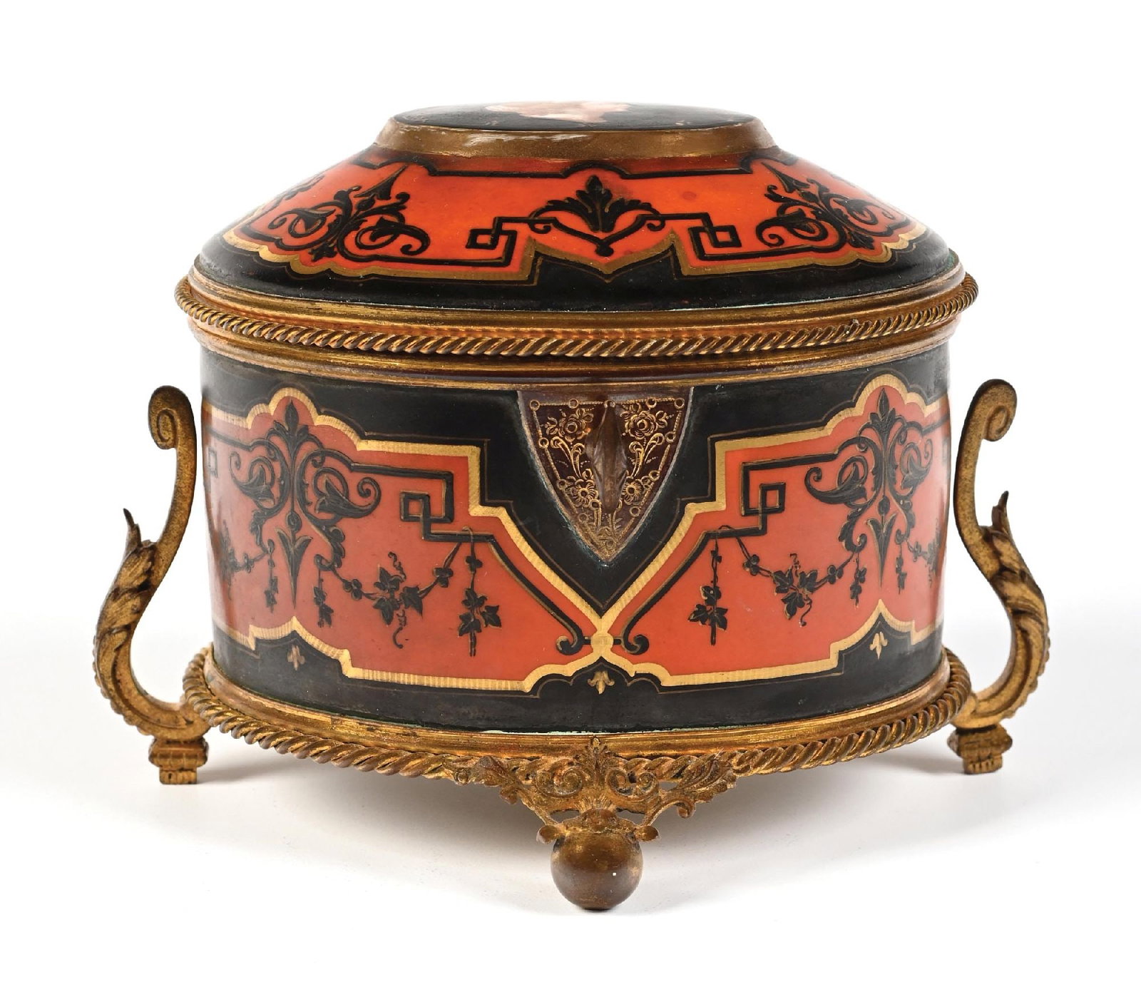 RED & BLACK PERFUME CADDY WITH 2 PERFUMES & KEY: C. 1800s. An exquisite hand-painted lidded porcelain perfume caddy featuring a Victorian female side portrait on the lid, ornate brass mounting, and a decorative black-and-red finish with gold-painted