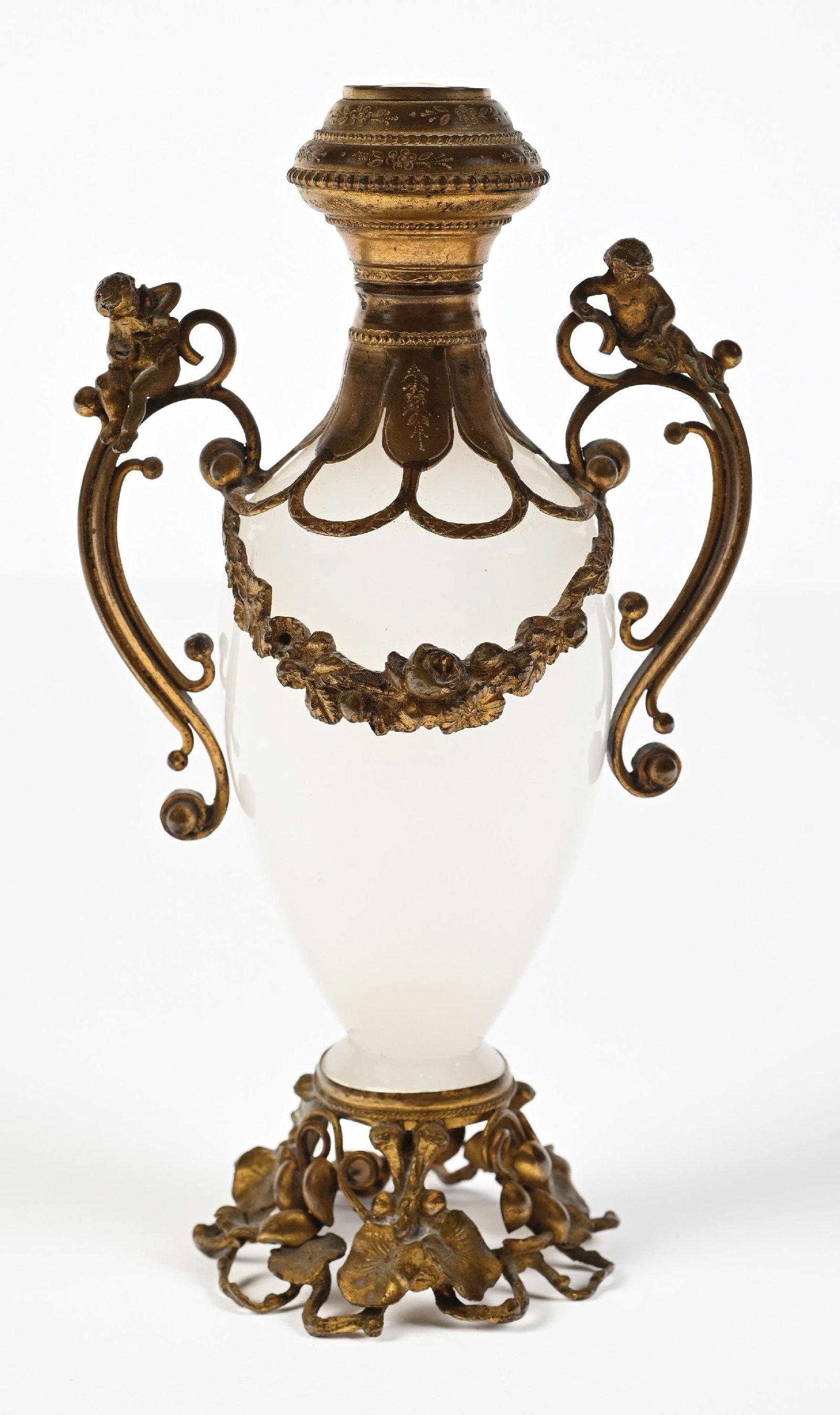 OPALINE PERFUME WITH CHERUB HANDLES, CAMEO STOPPER, AND ORNATE FLORAL HOLDER. (1 of 5)