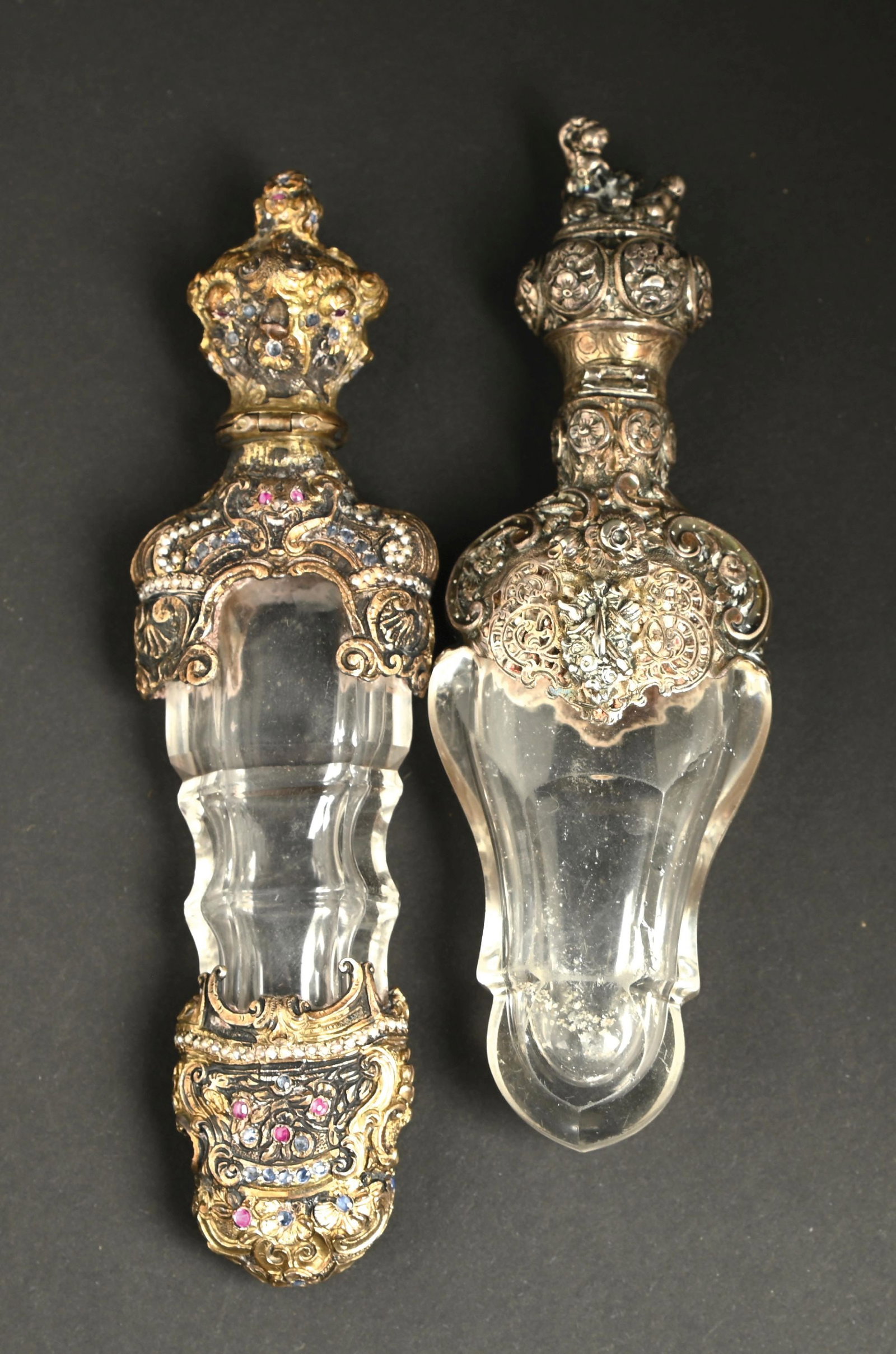 LOT OF 2: FRENCH SILVER AND CLEAR GLASS PERFUME BOTTLES. (1 of 9)