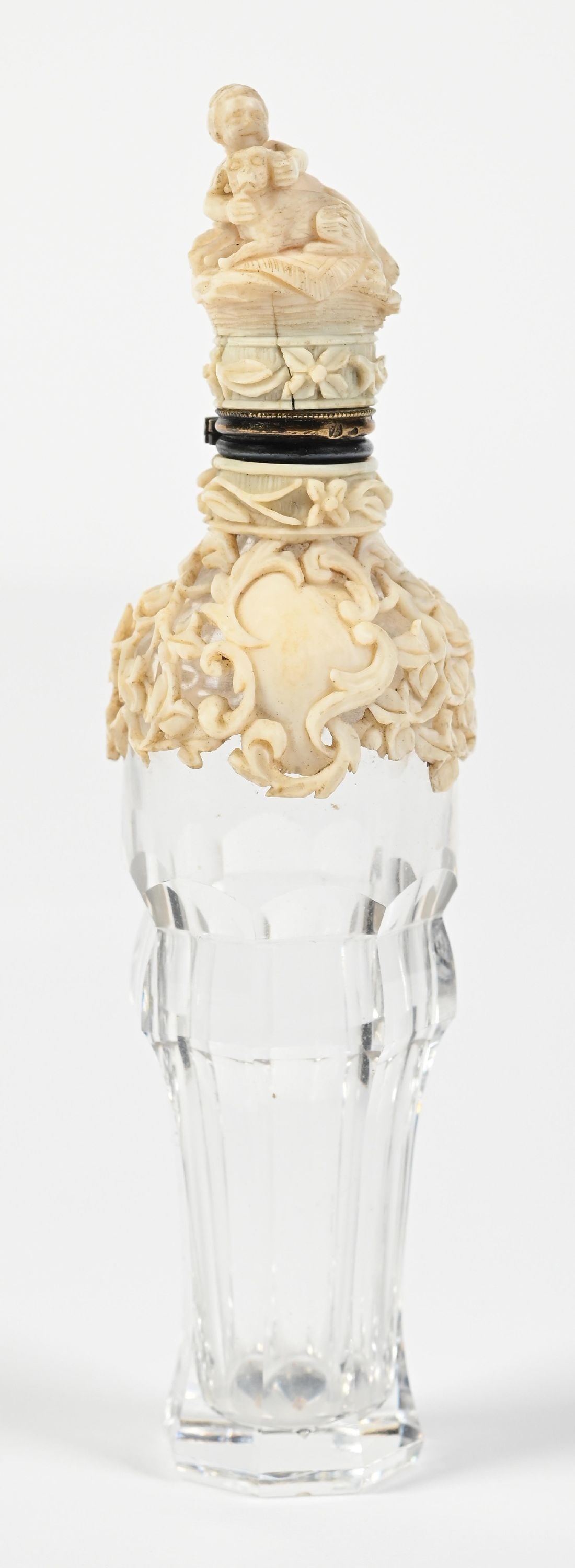FRENCH CLEAR CUT GLASS PERFUME BOTTLE WITH IVORY DESIGN (1 of 4)