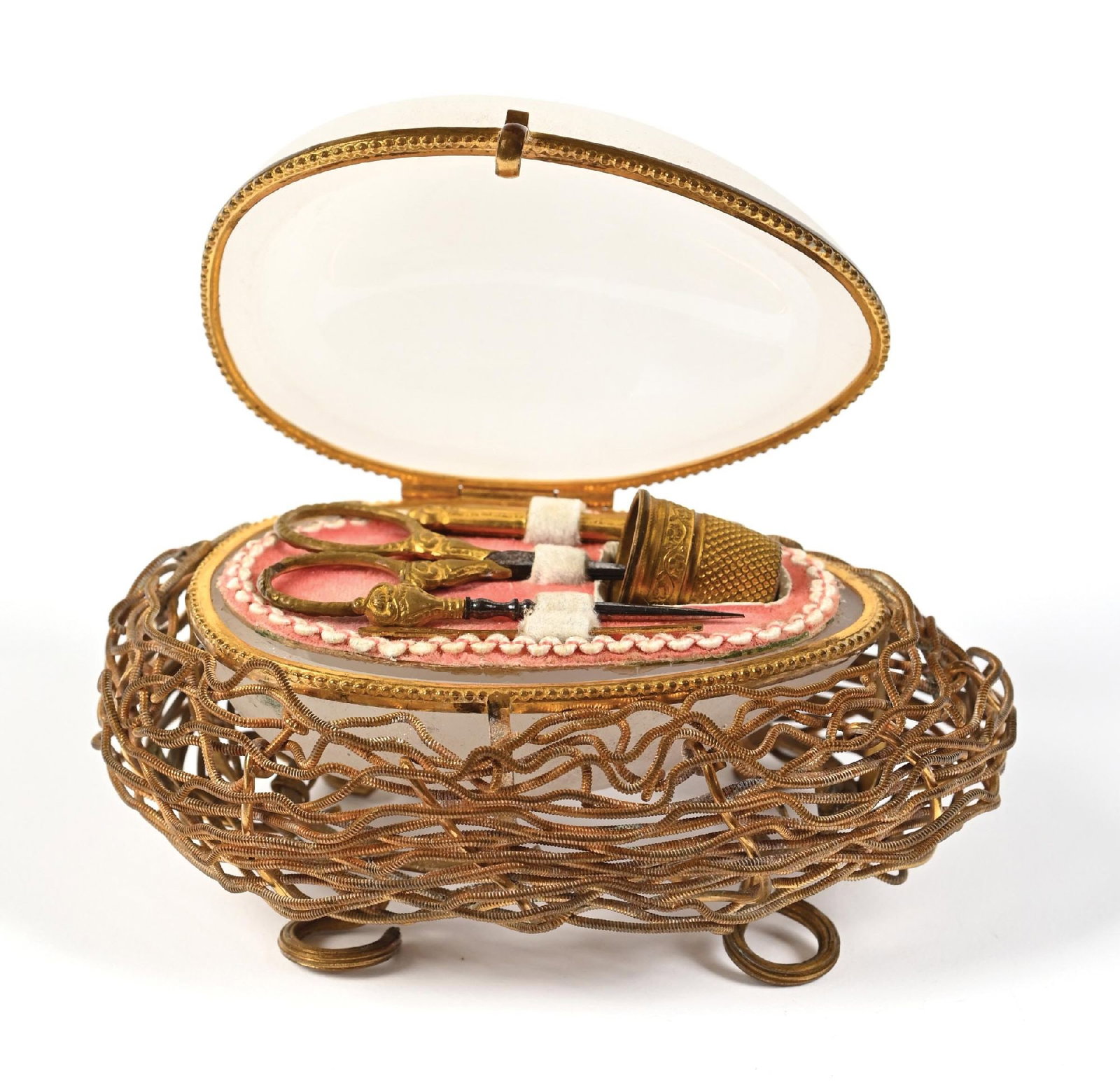PALAIS ROYAL OPALINE GLASS EGG IN METAL NEST SEWING SET (1 of 6)