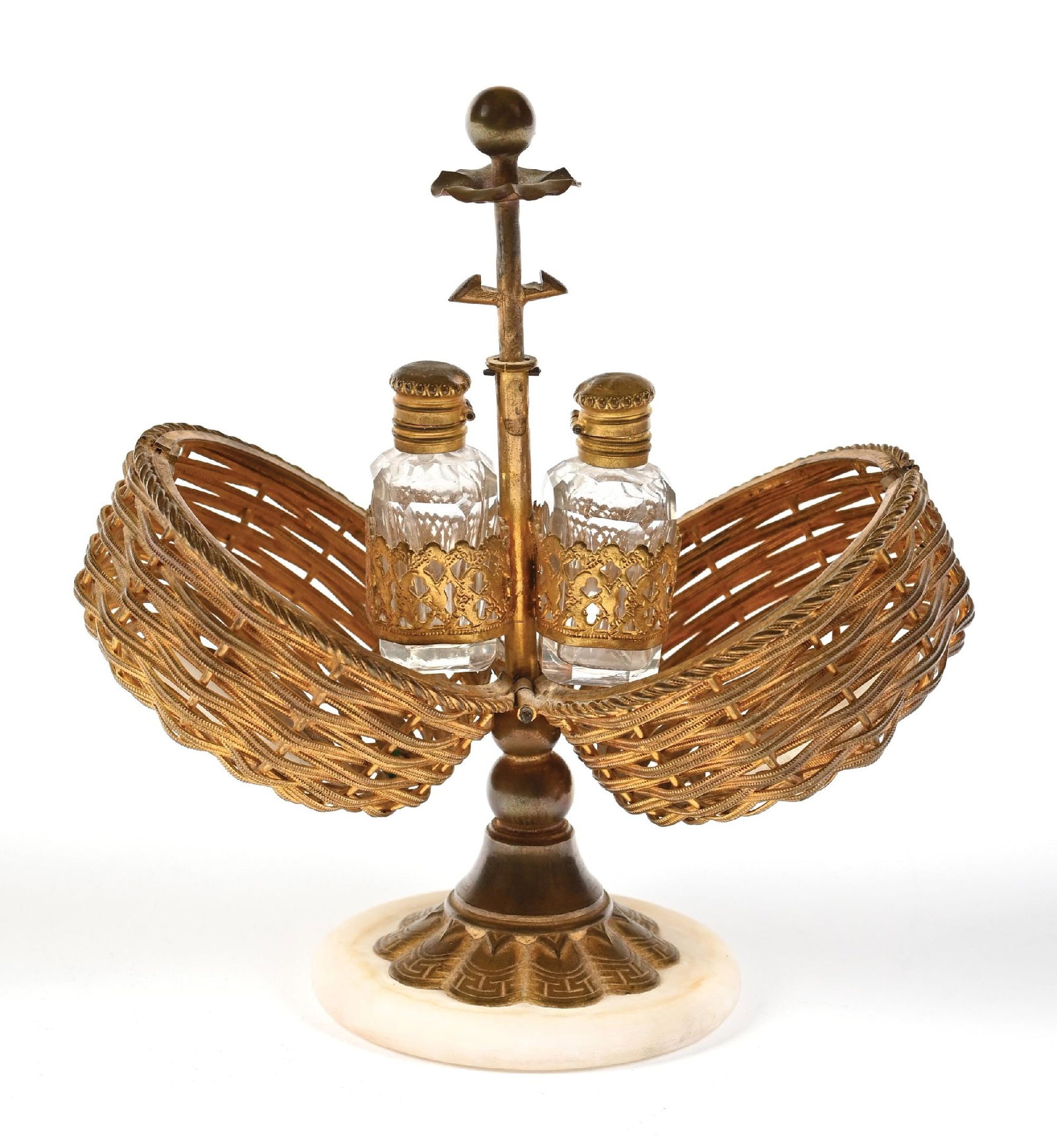 PALAIS ROYAL STANDING PERFUME CADDY WITH BLUE FLORAL MOTIF WITH 2 PERFUMES: C. 1800s. A Palais Royal French scent caddy featuring a whimsical brass metal caddy shaped and textured like a basket on a mechanical stemmed stand on top of an alabaster base. The basket perfume hold