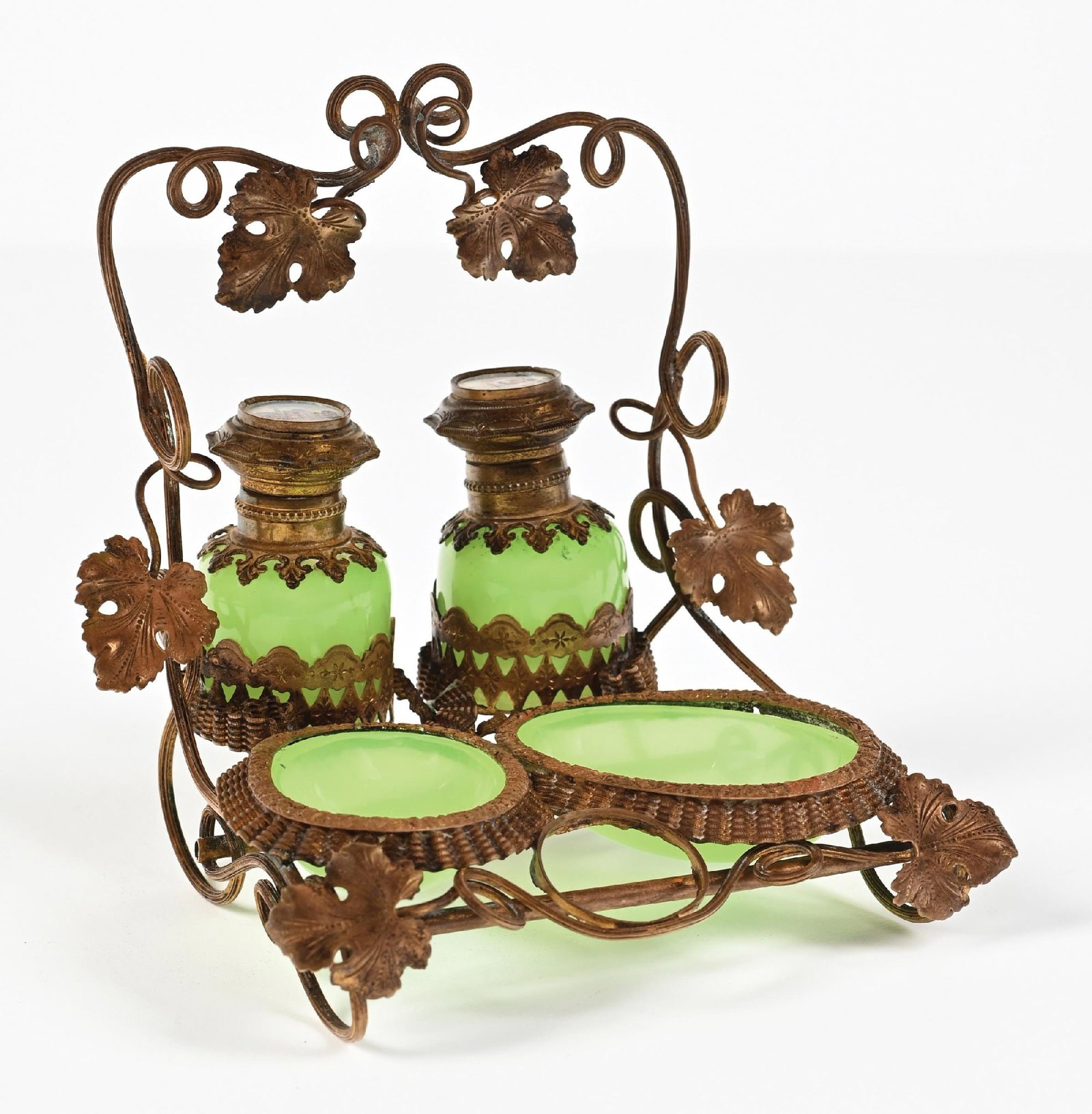 GILDED URANIUM PERFUME VANITY SET WITH 2 PERFUMES & 2 TRINKET TRAYS (1 of 5)