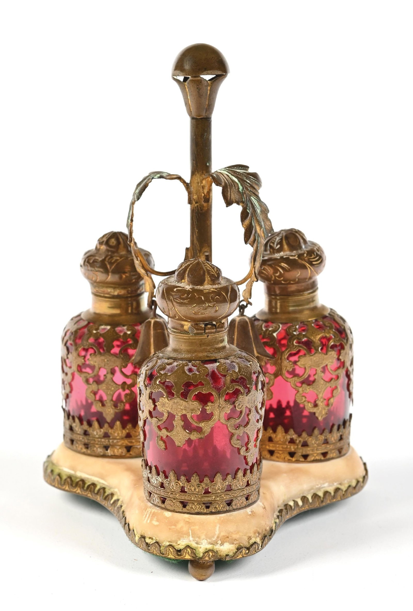 PALAIS ROYAL PERFUME CADDY WITH GILDED HOLDER & BELLS INCLUDING 3 CRANBERRY COLORED PERFUMES (1 of 4)