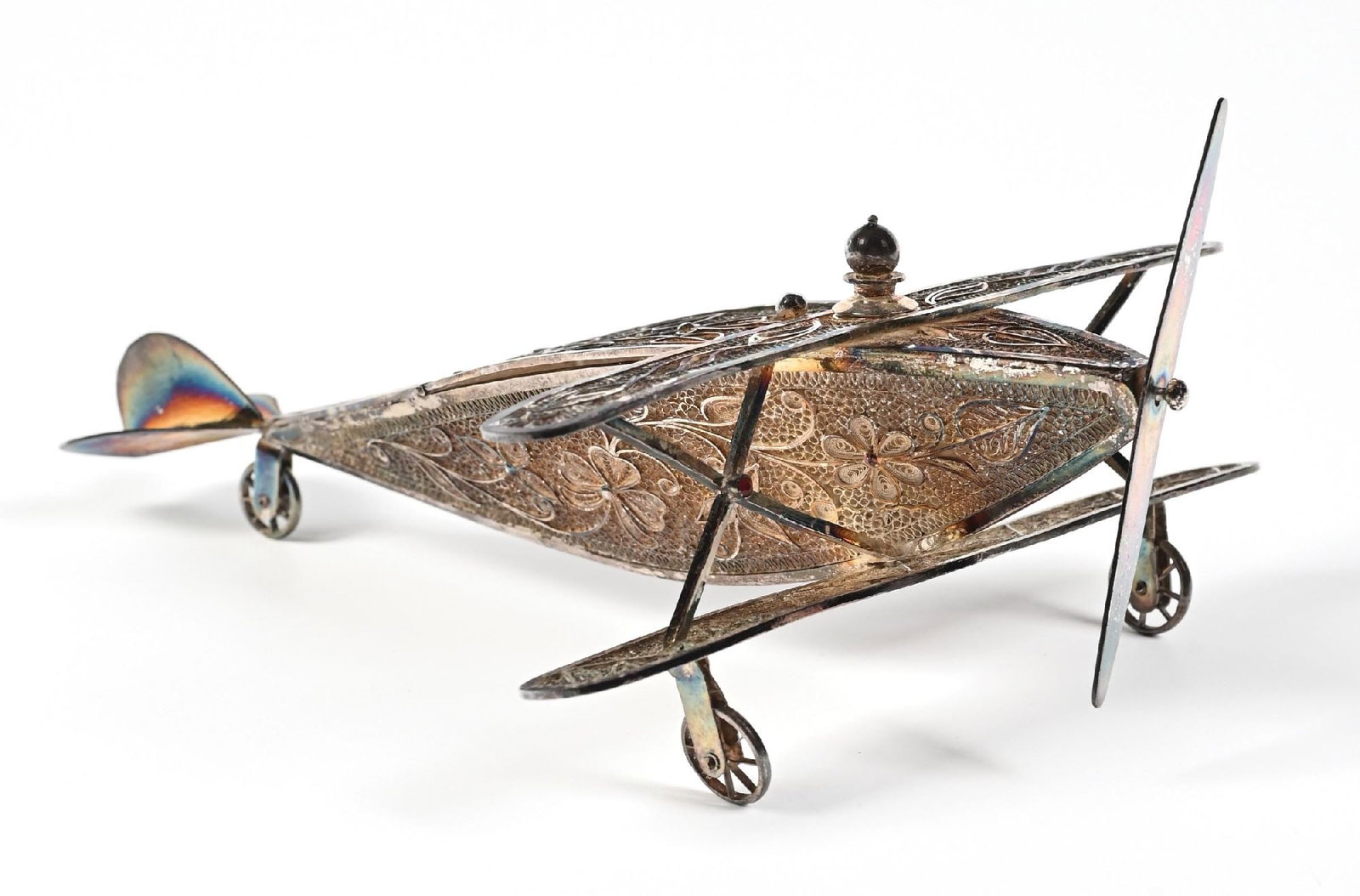 FILIGREE PERFUME TRINKET AIRPLANE WITH MOVING WHEELS AND PROPELLER (1 of 5)