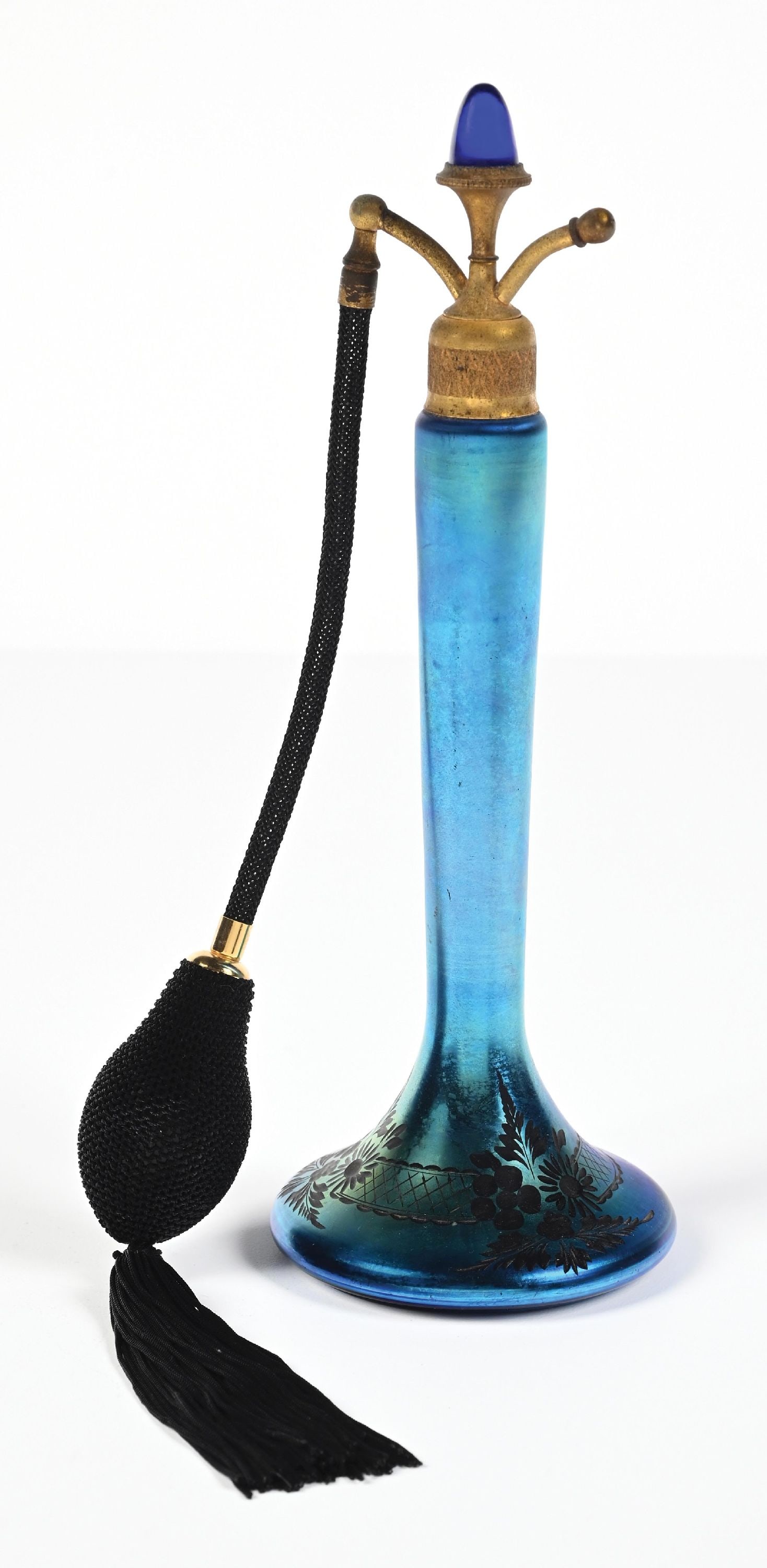 BLUE IRIDESCENT STEUBEN TALL PERFUME WITH FLORAL PATTERN & BLACK ATOMIZER (1 of 5)